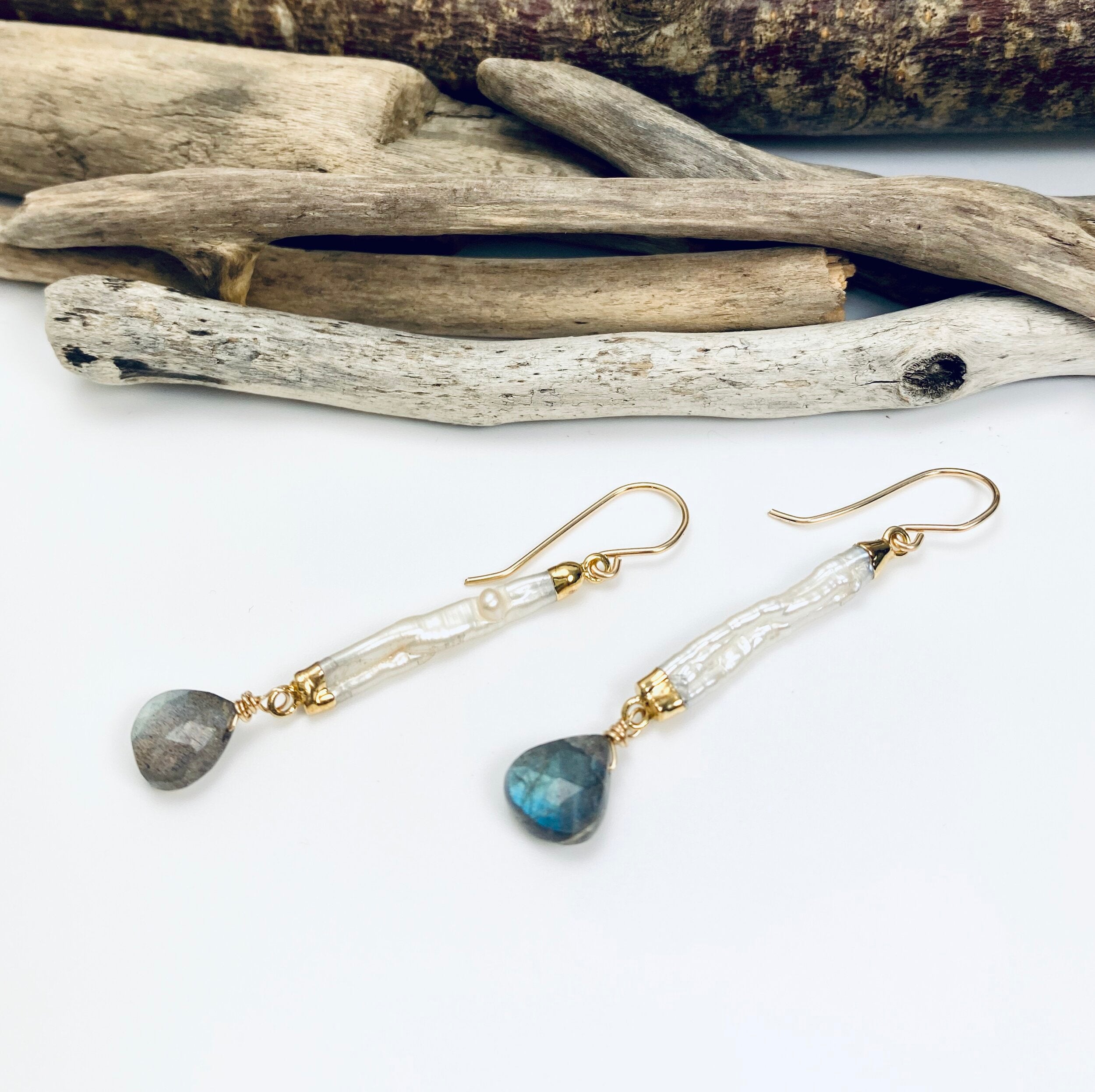 Freshwater 2024 pearl and labradorite gemstone gold dangle earrings