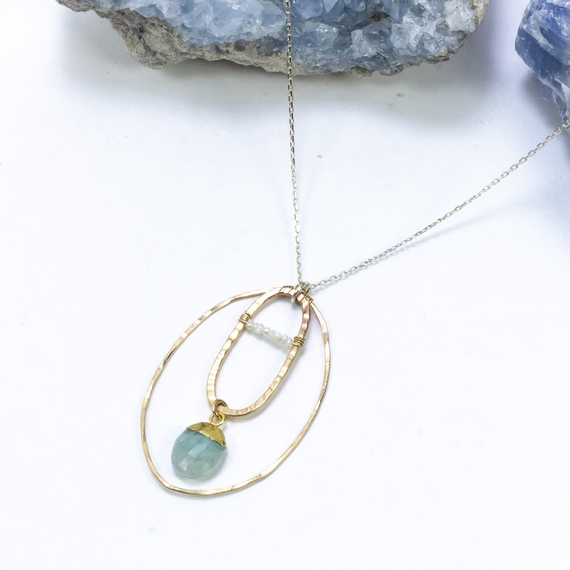 handmade gold filled pearl aquamarine pendant silver chain laura j designs