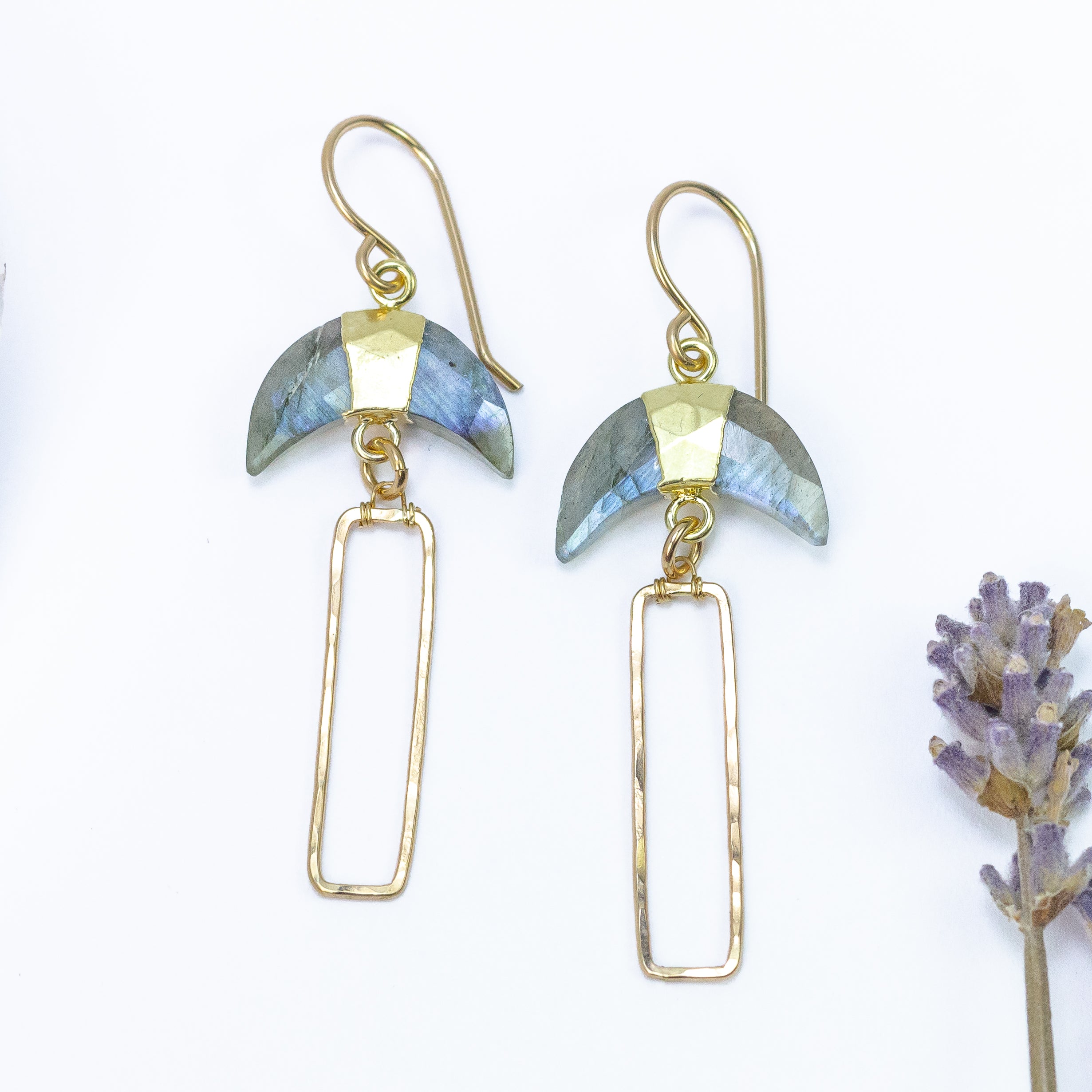 handmade gold labradorite moon rectangle earrings laura j designs