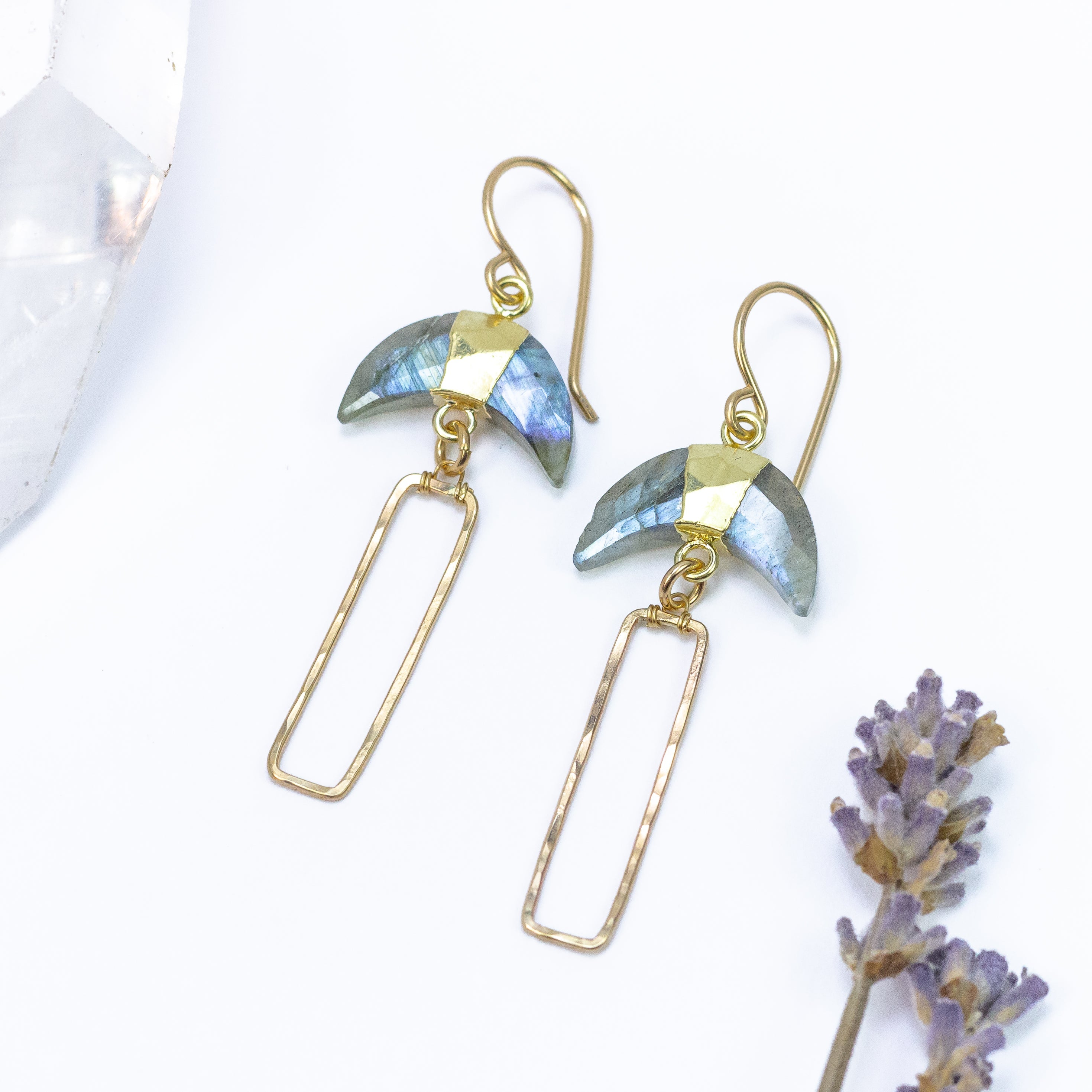 handmade gold labradorite moon rectangle earrings laura j designs