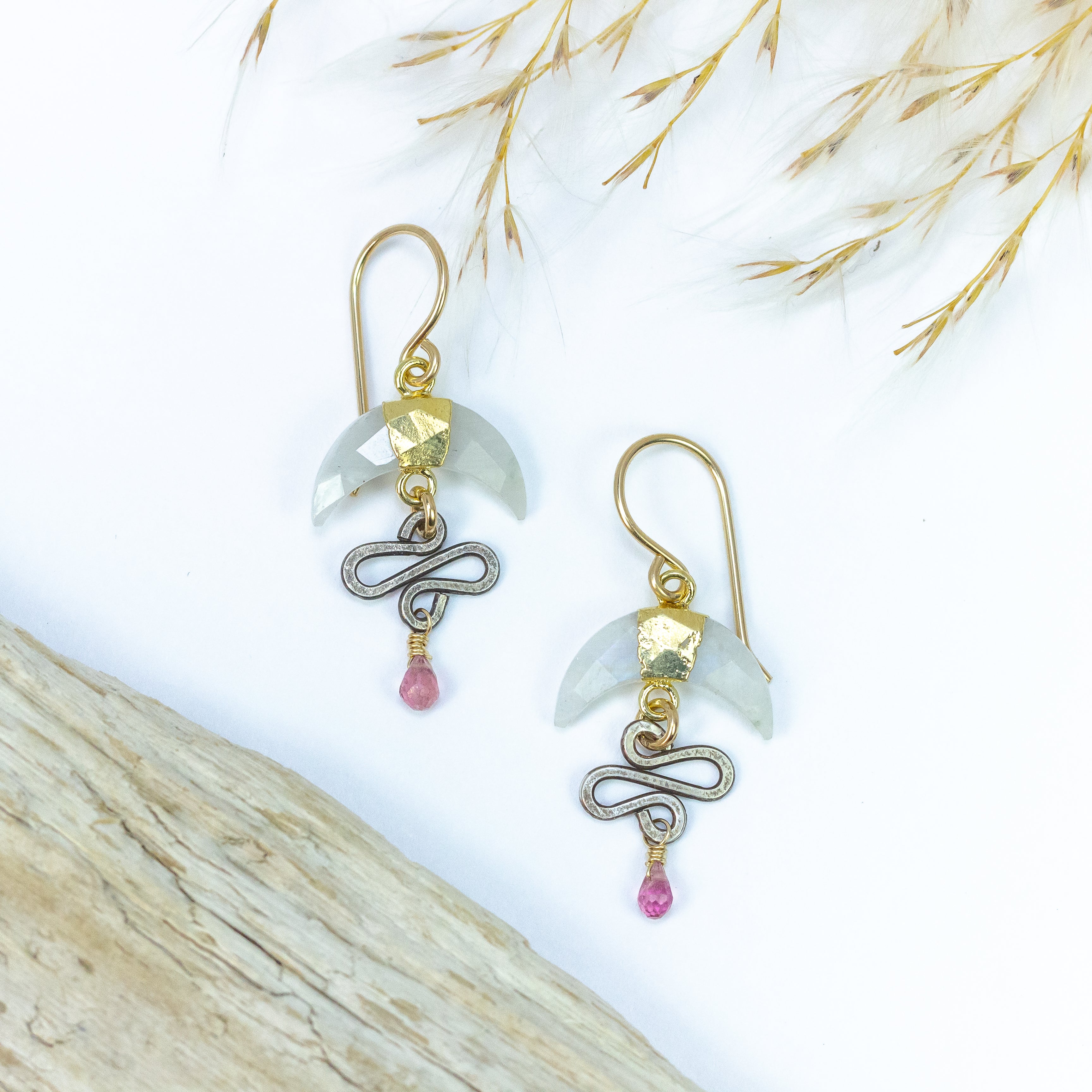 handmade mixed metal moonstone tourmaline moon earrings laura j designs