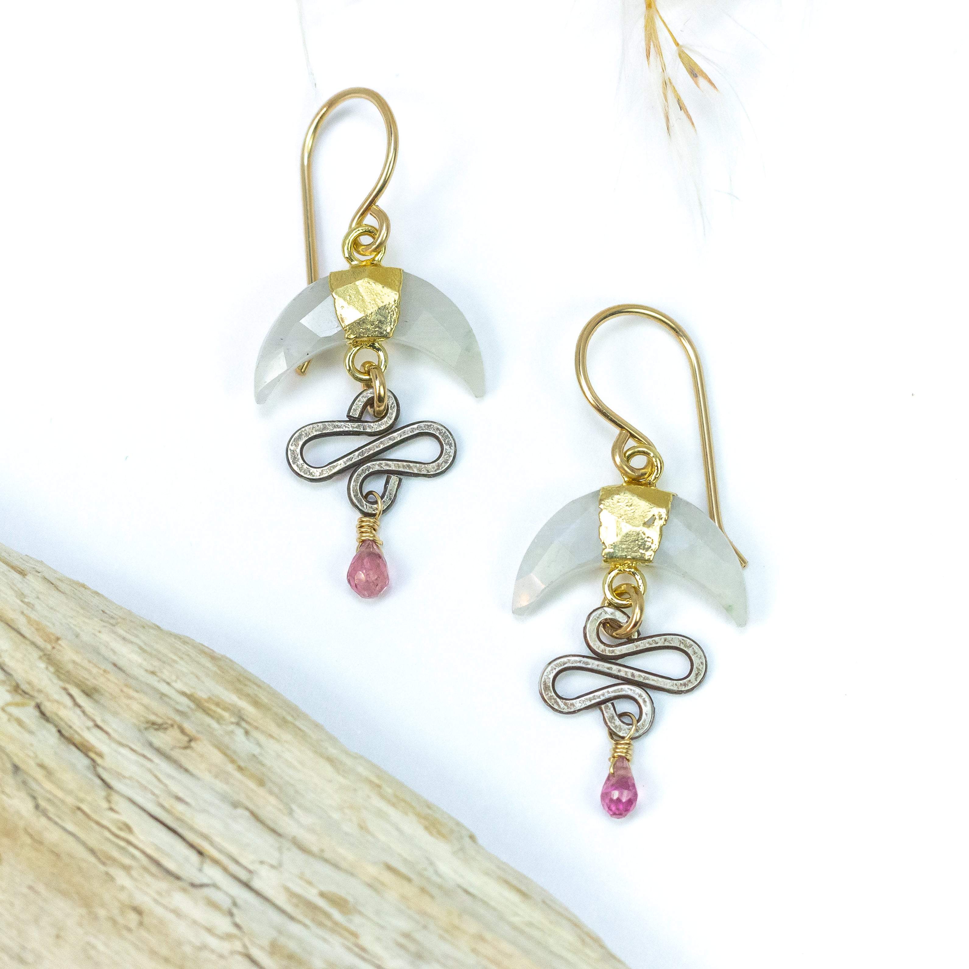 handmade mixed metal moonstone tourmaline moon earrings laura j designs