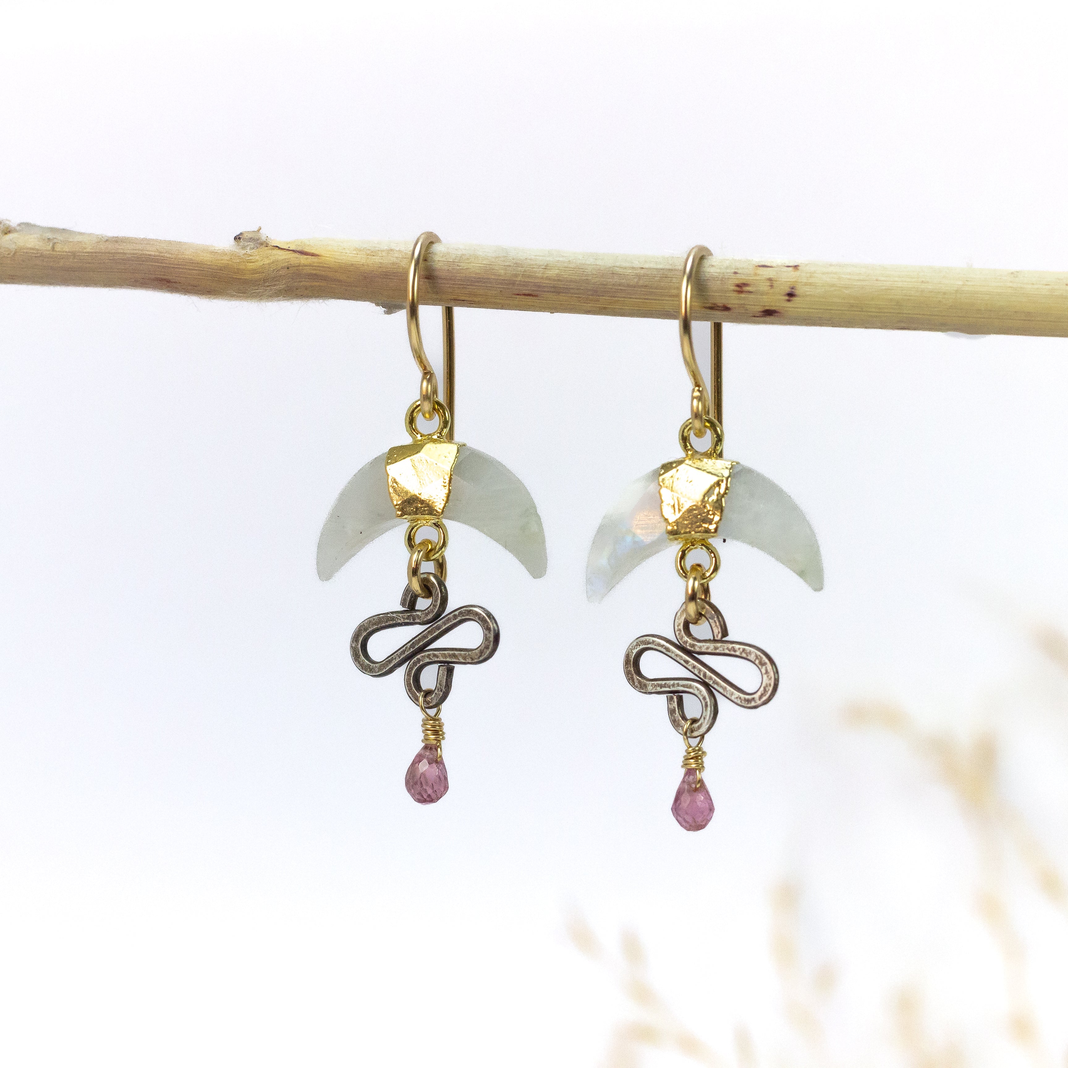 handmade mixed metal moonstone tourmaline moon earrings laura j designs