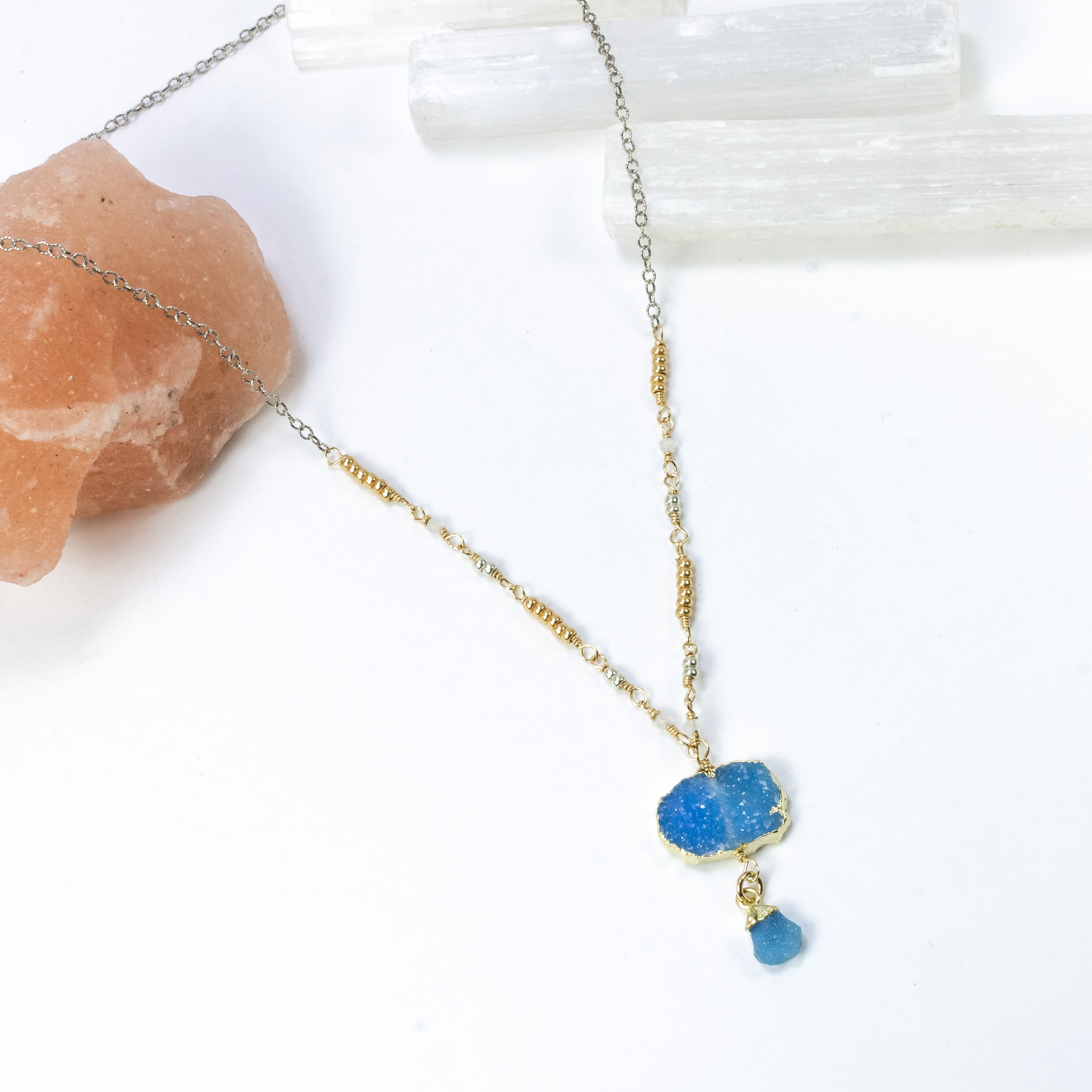 handmade beaded chain blue druzy necklace laura j designs