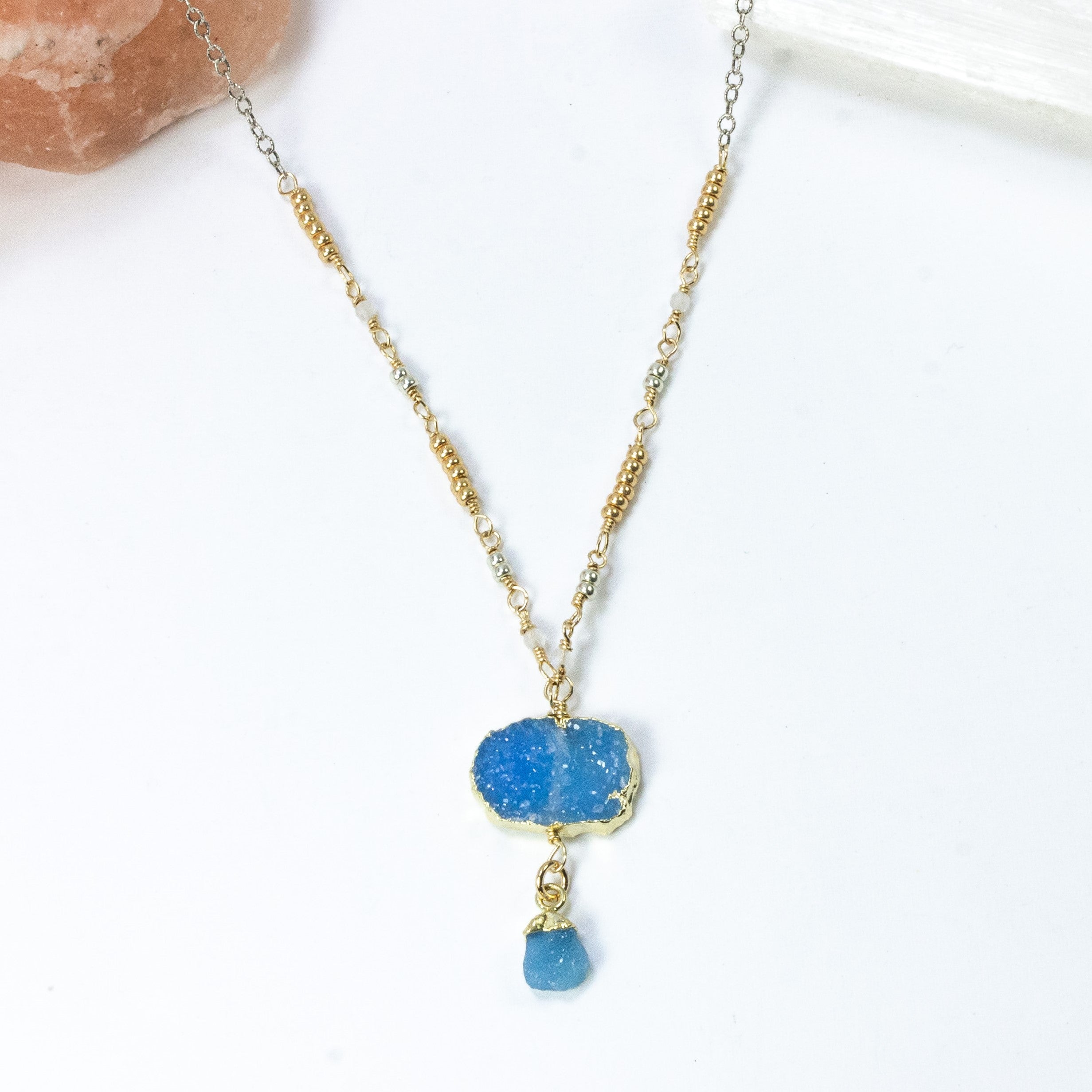 handmade beaded chain blue druzy necklace laura j designs