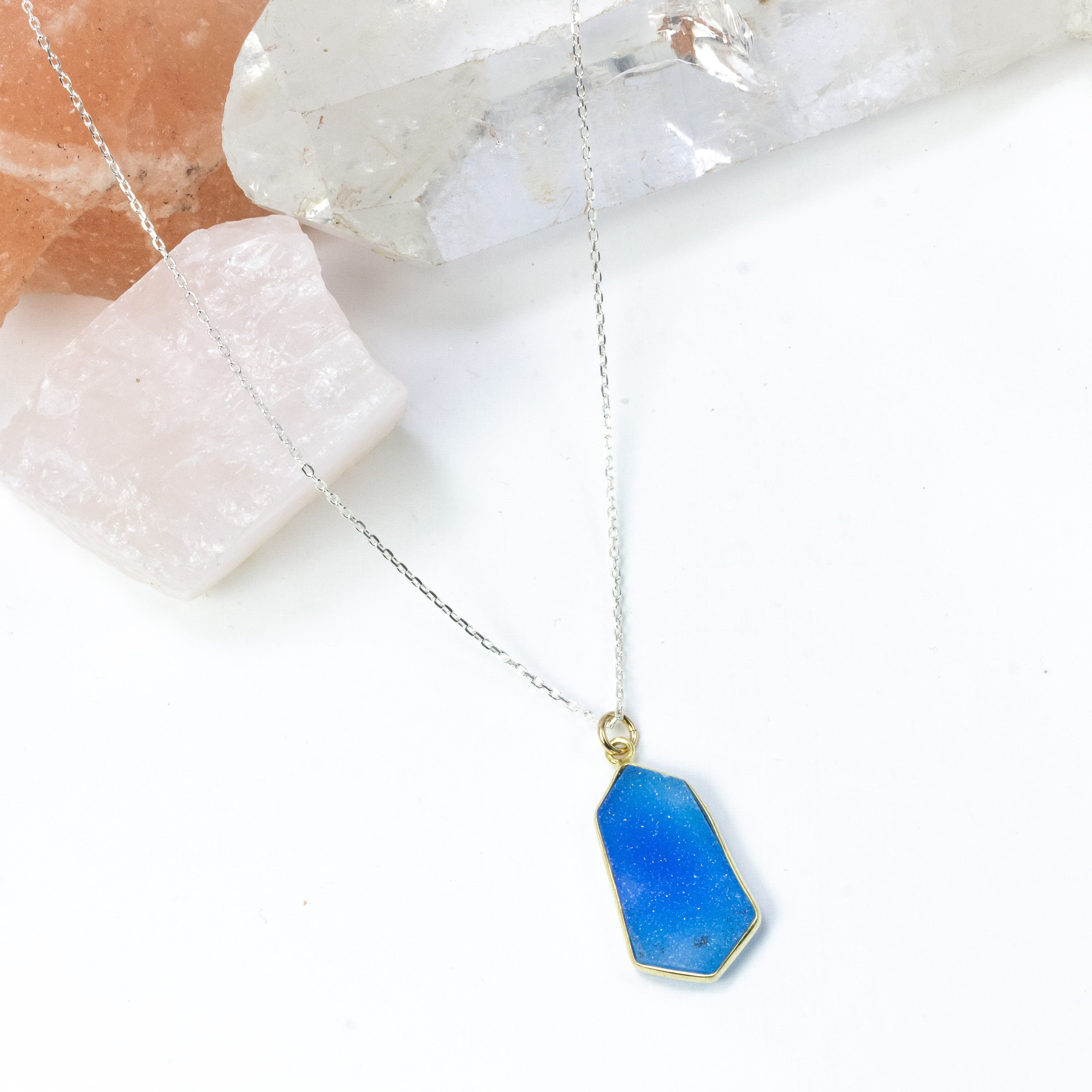 handmade blue druzy silver chain necklace laura j designs