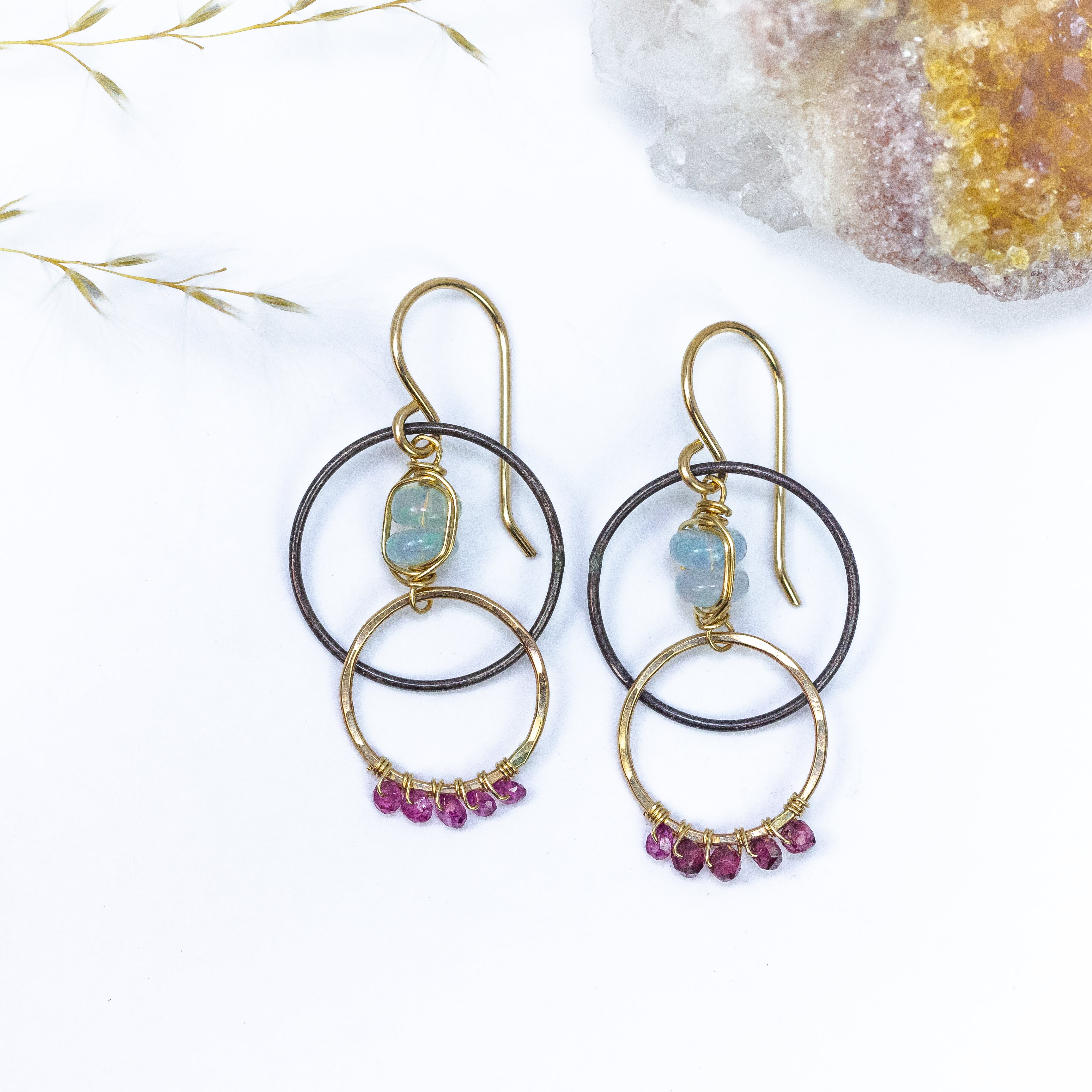 handmade oxidized silver gold filled mixed metal garnet opal gemstone earrings laura j designs