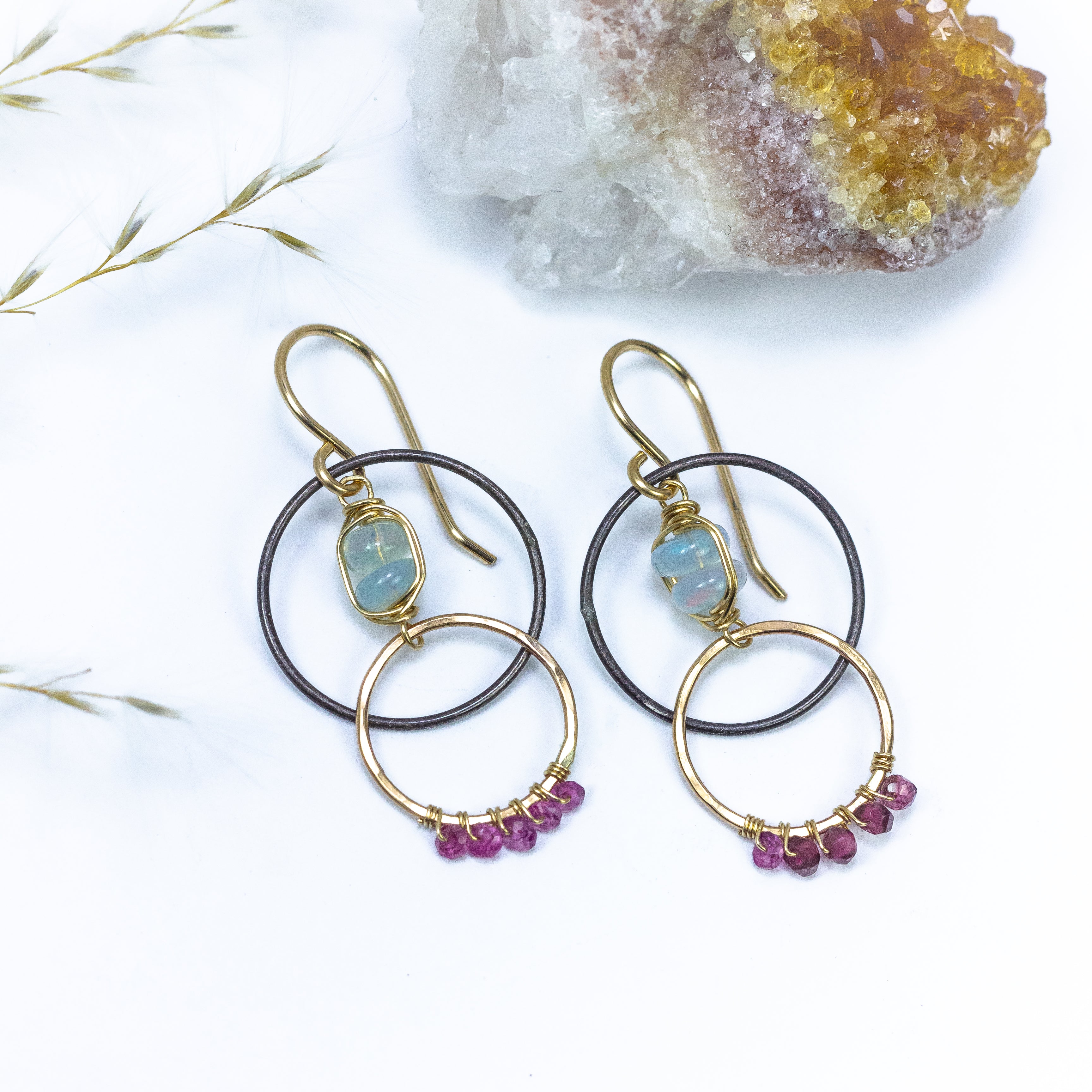 handmade oxidized silver gold filled mixed metal garnet opal gemstone earrings laura j designs