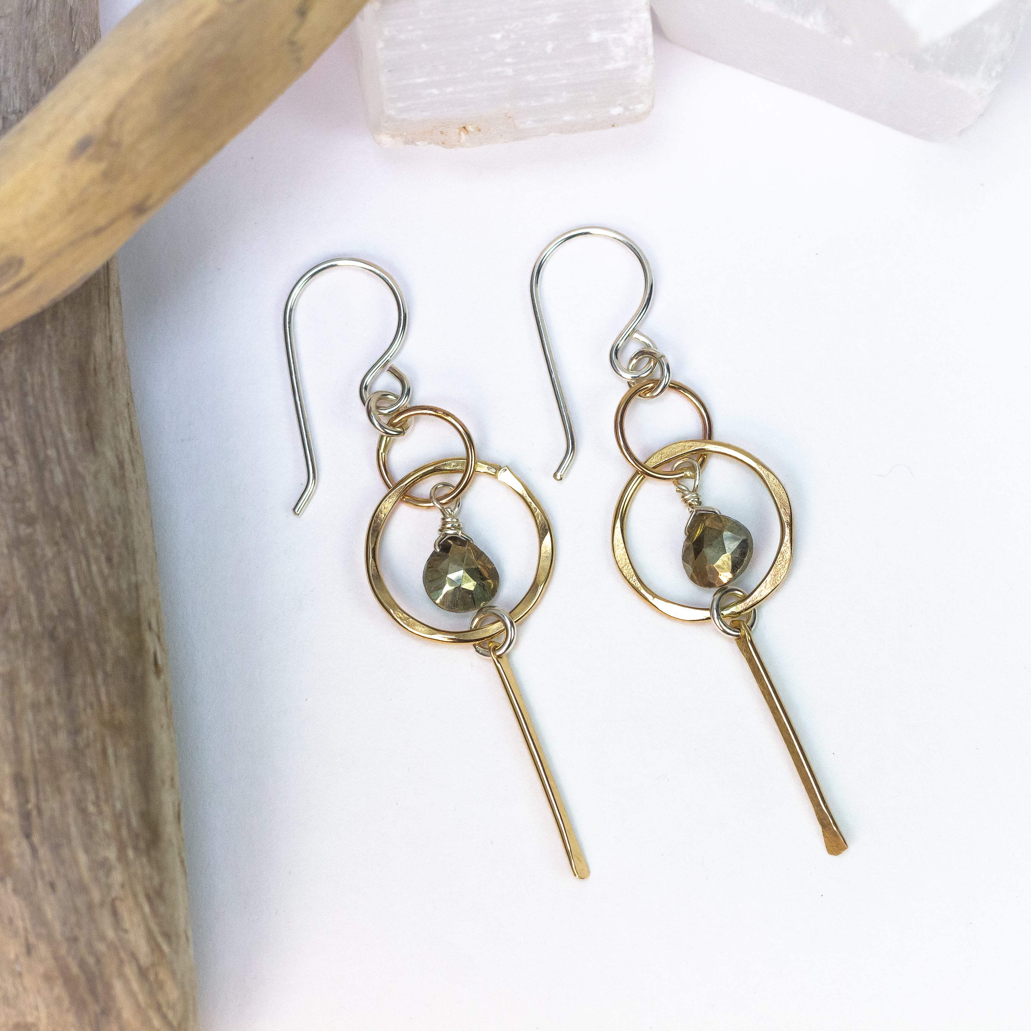 handmade gold filled pyrite gemstone dangle earrings laura j designs