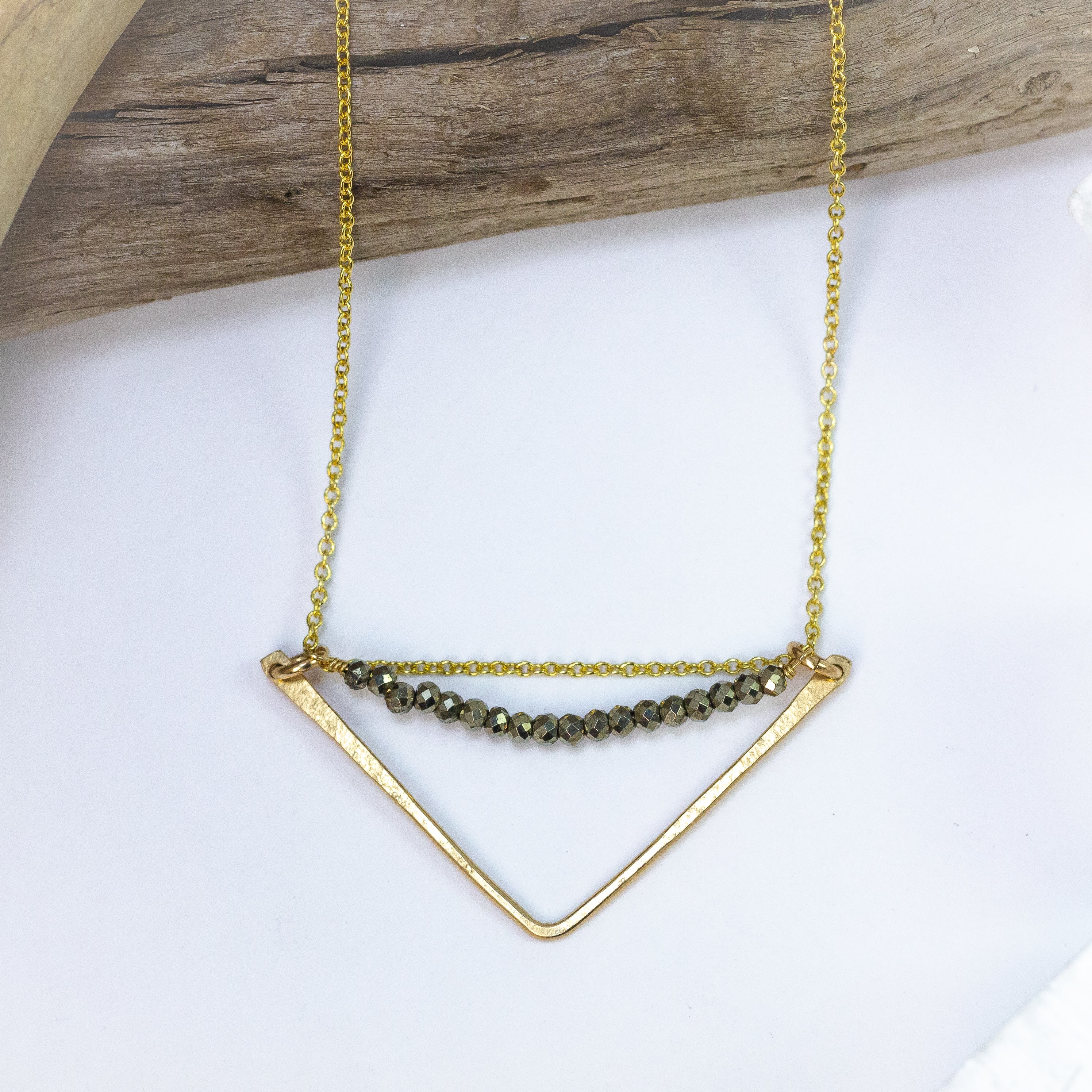 handmade gold filled pyrite gemstone triangle pendant laura j designs