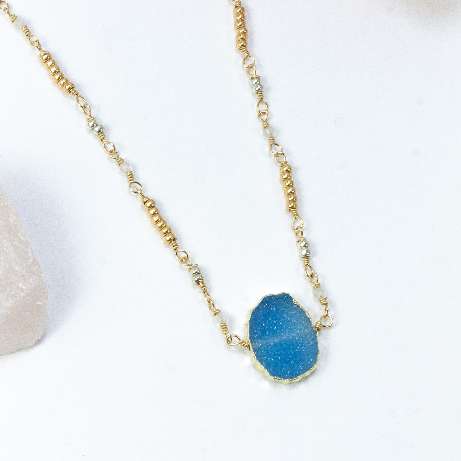 handmade beaded chain blue druzy layering necklace laura j designs