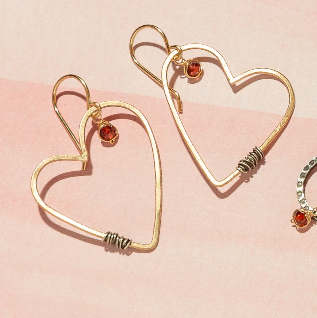 handmade gold heart earrings garnet laura j designs