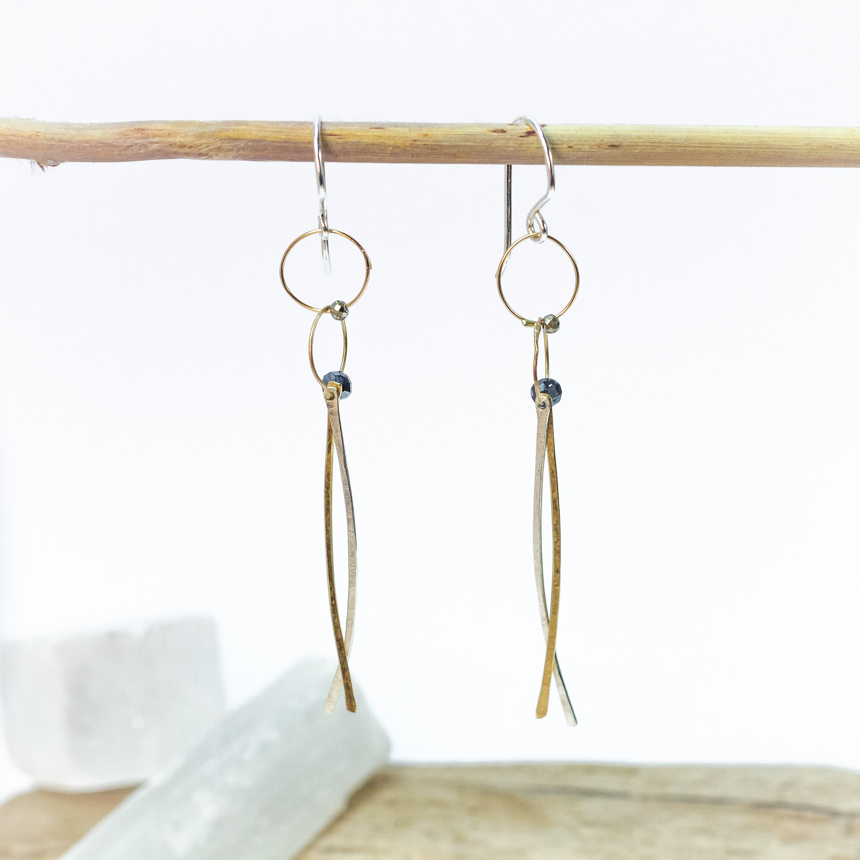 handmade sterling silver gold filled pyrite gemstone dangle bars earrings laura j designs