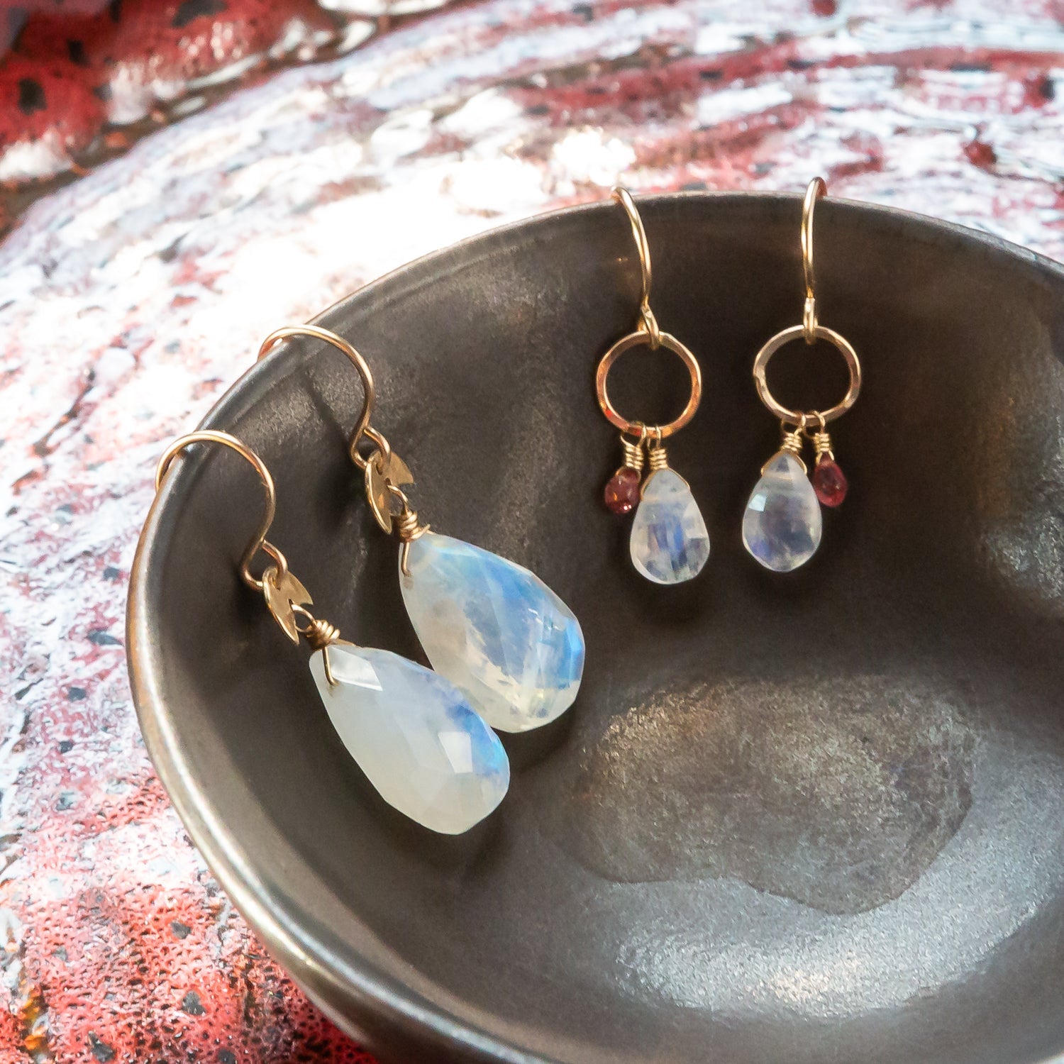 handmade gold filled moonstone pink tourmaline gemstone earrings laura j designs