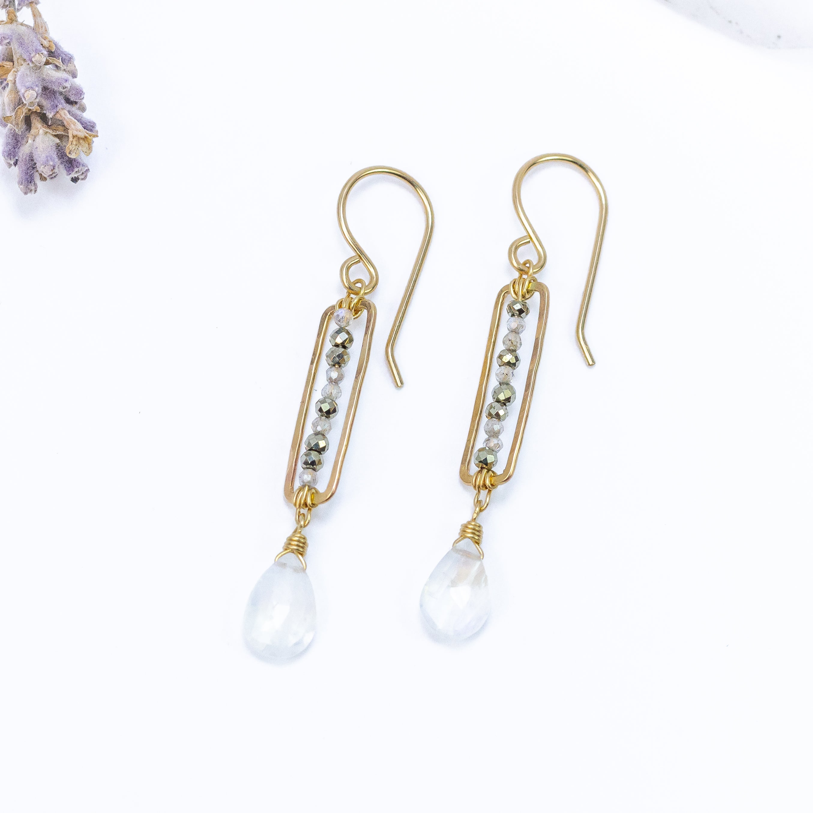 handmade gold filled moonstone pyrite gemstone earrings laura j designs