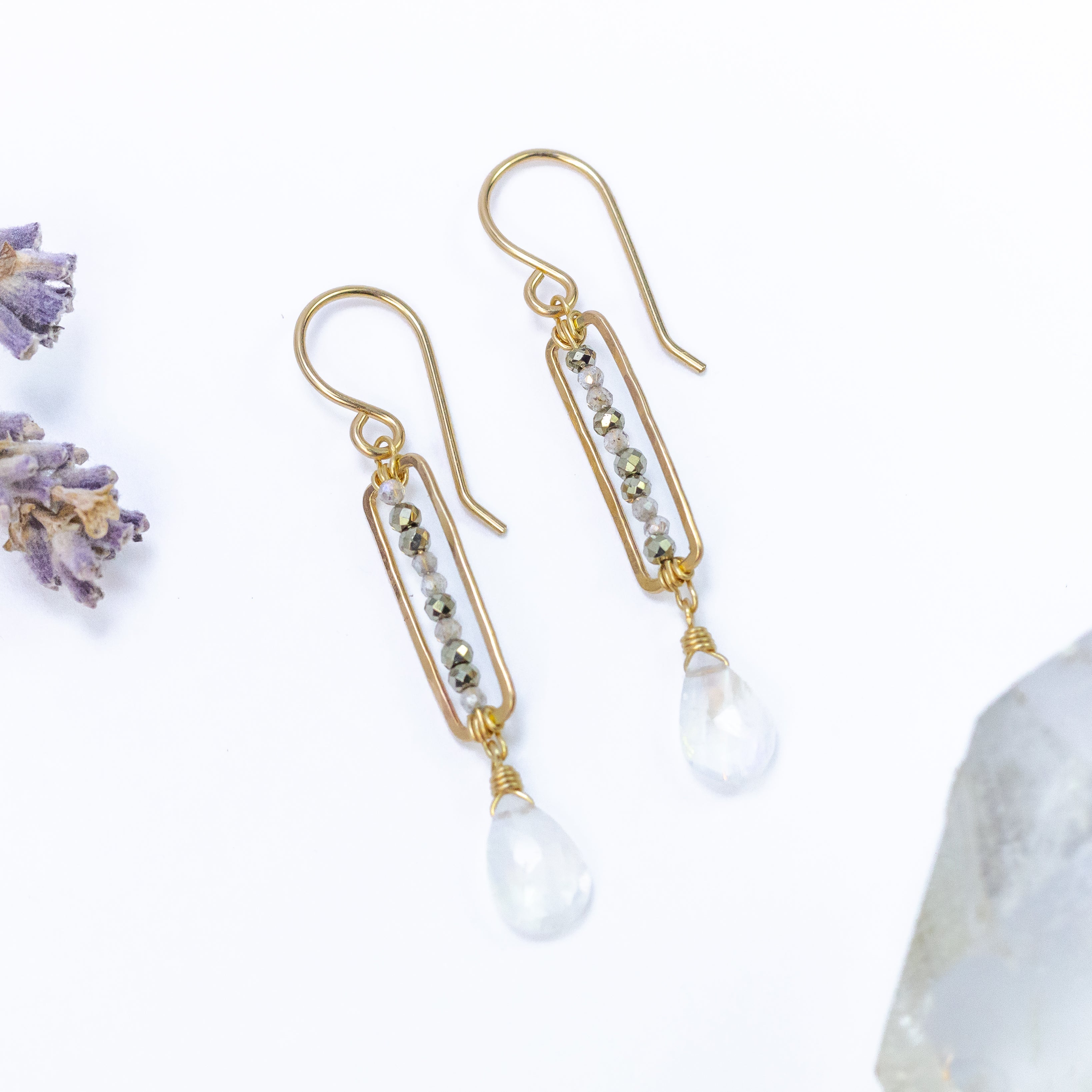 handmade gold filled moonstone pyrite gemstone earrings laura j designs