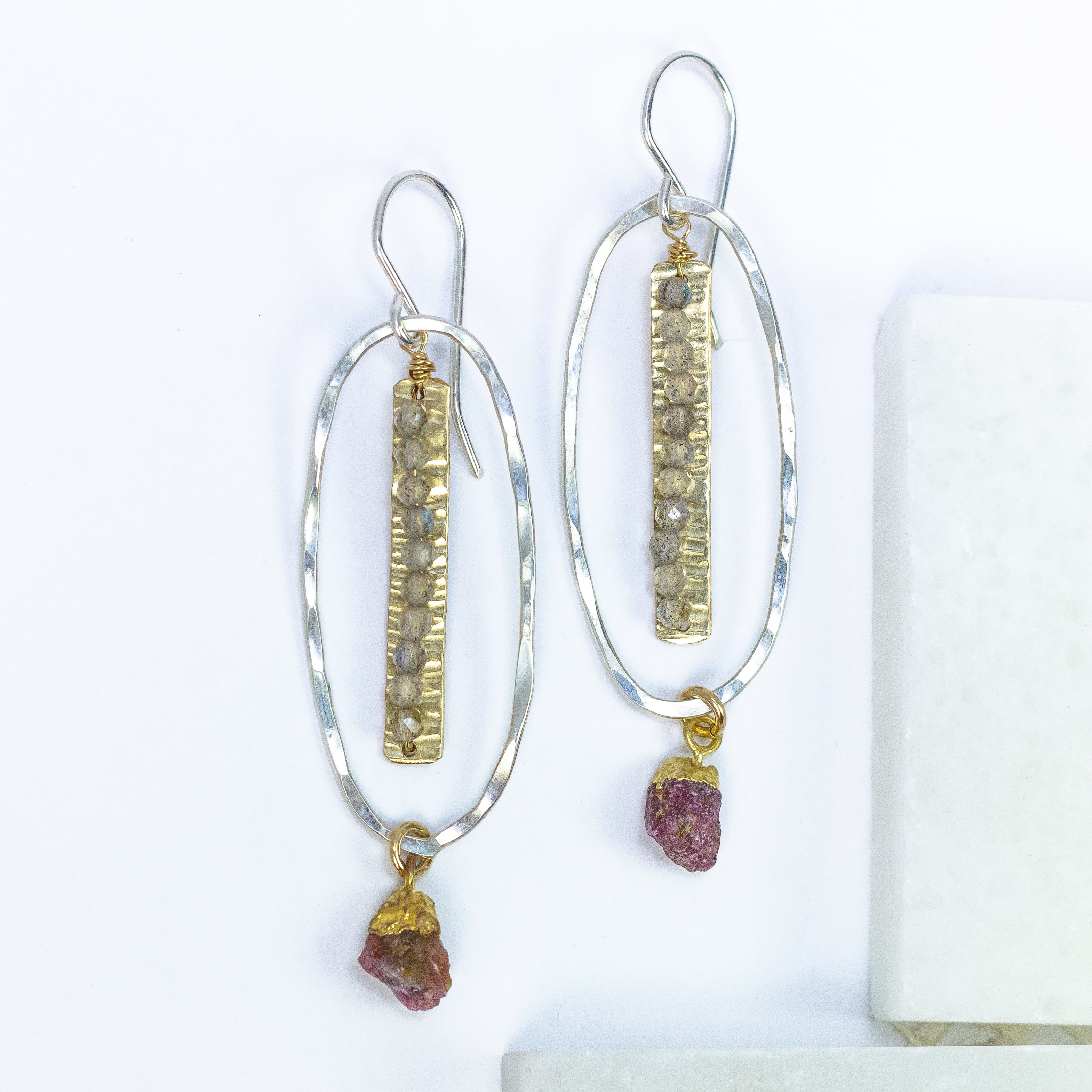 handmade mixed metal ruby labradorite gemstone earrings laura j designs