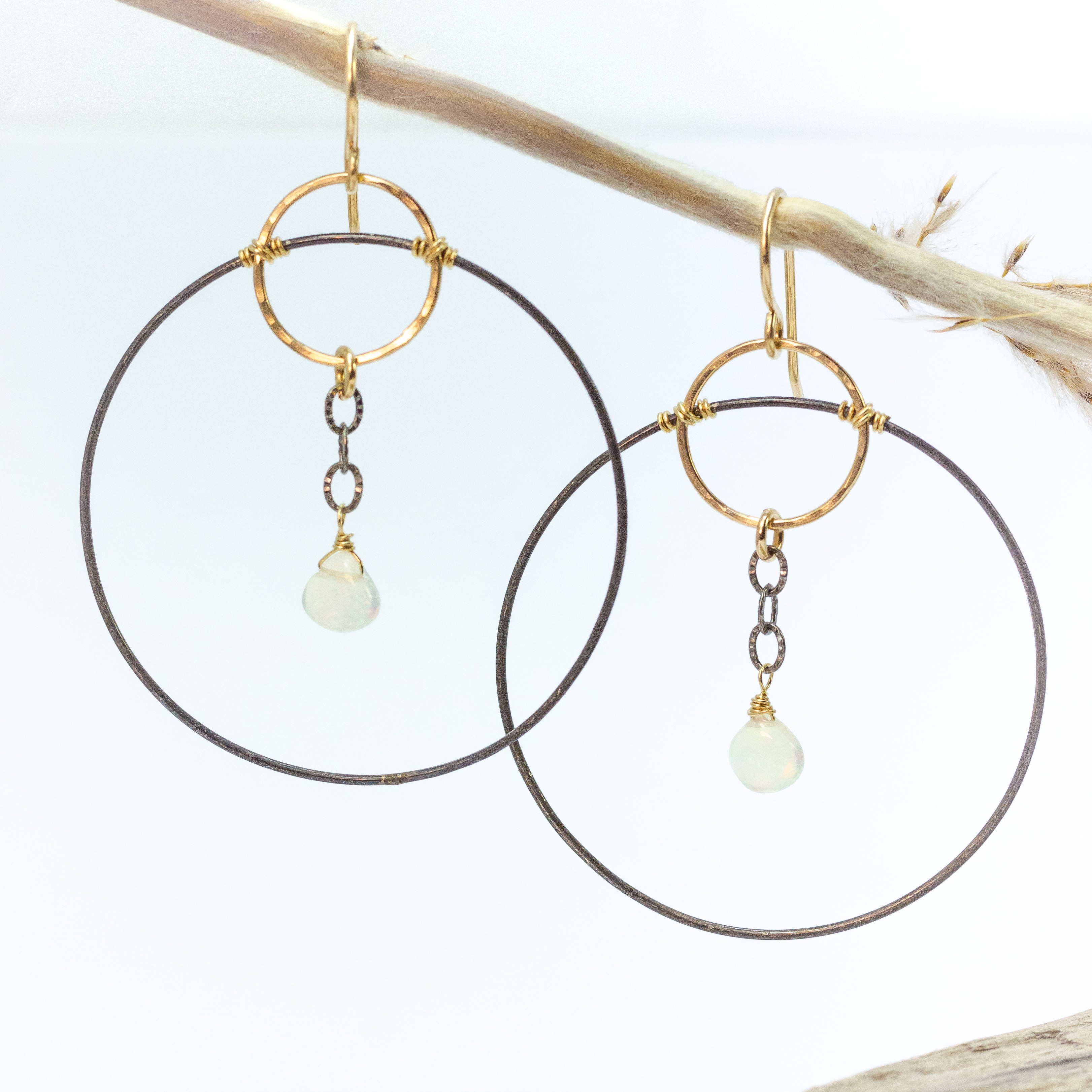 handmade oxidized sterling gold filled opal gemstone hoop earrings laura j designs