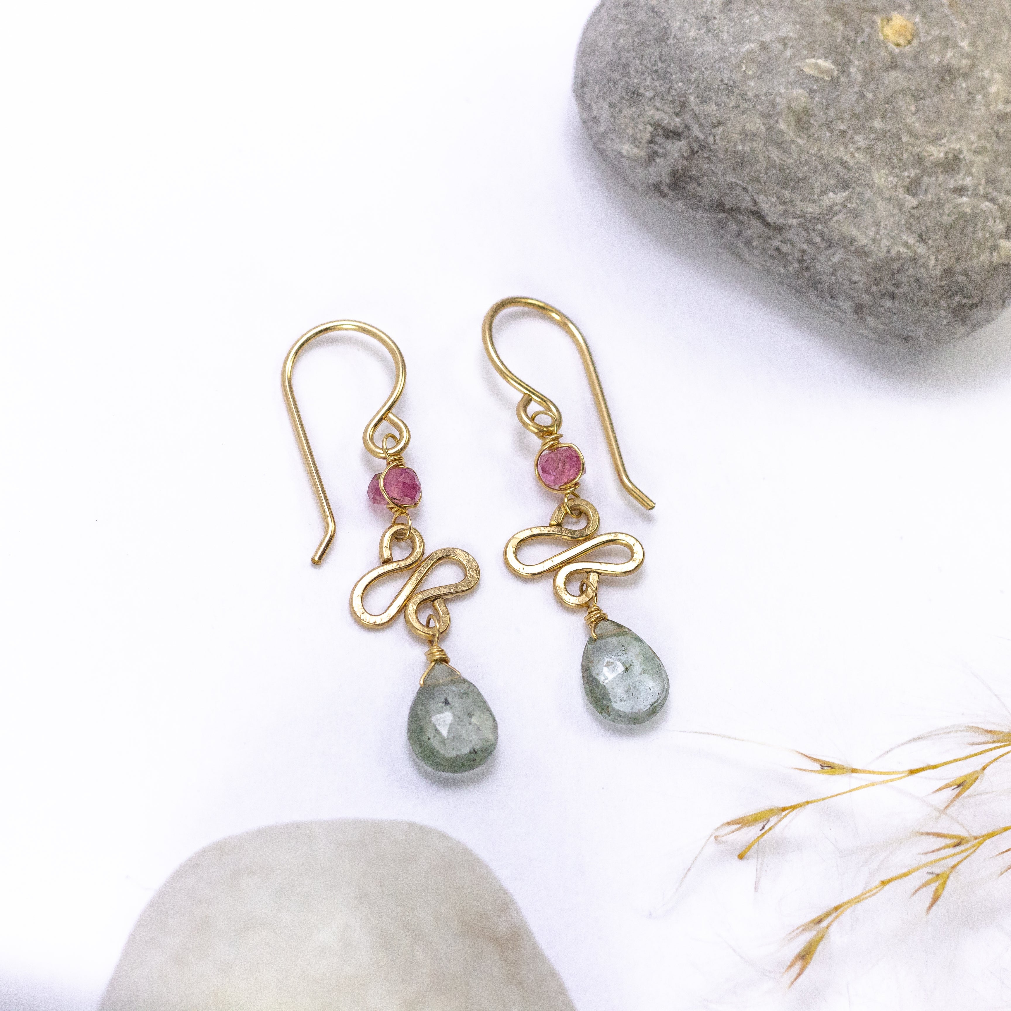 handmade gold filled moss aqua pink tourmaline earrings laura j designs