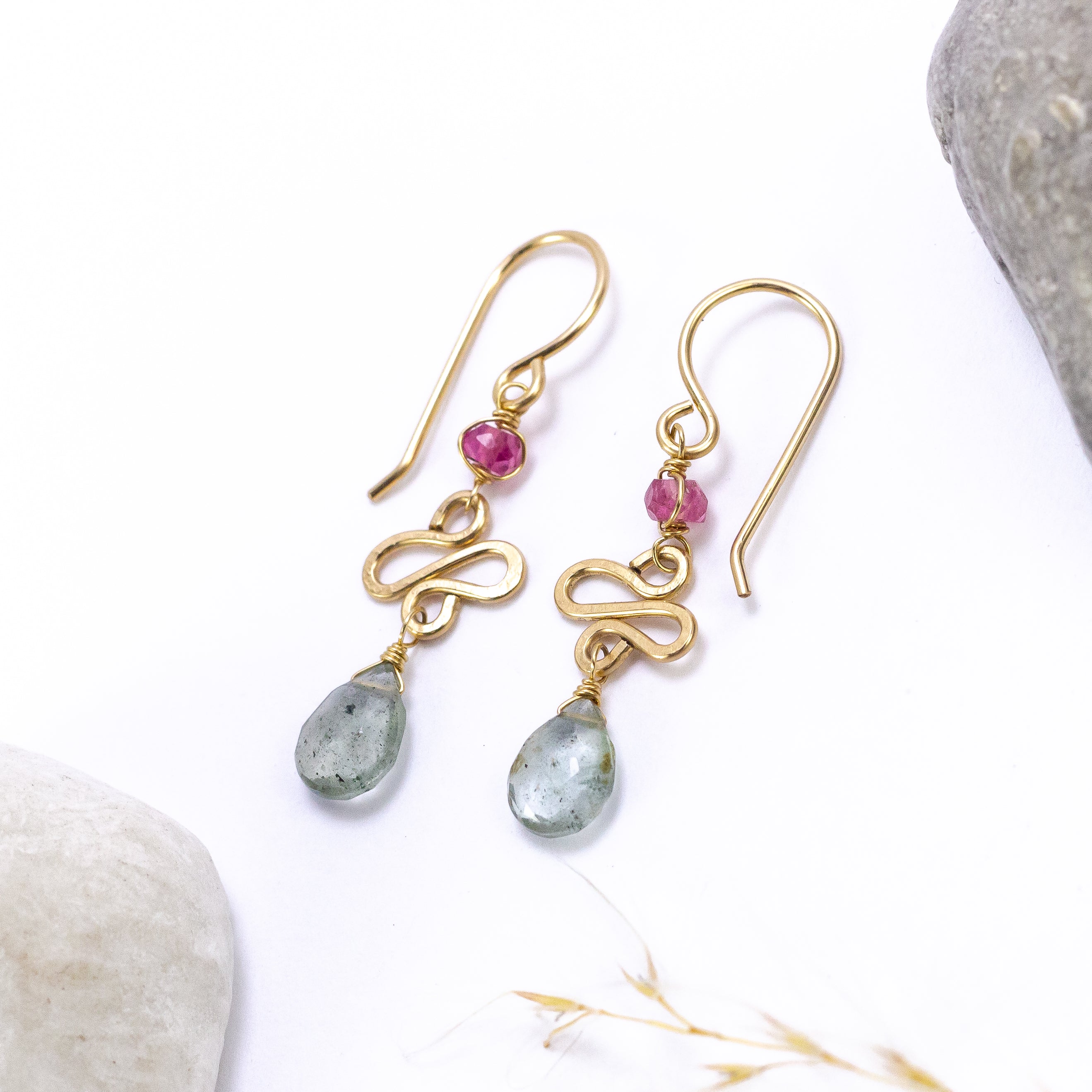 handmade gold filled moss aqua pink tourmaline earrings laura j designs