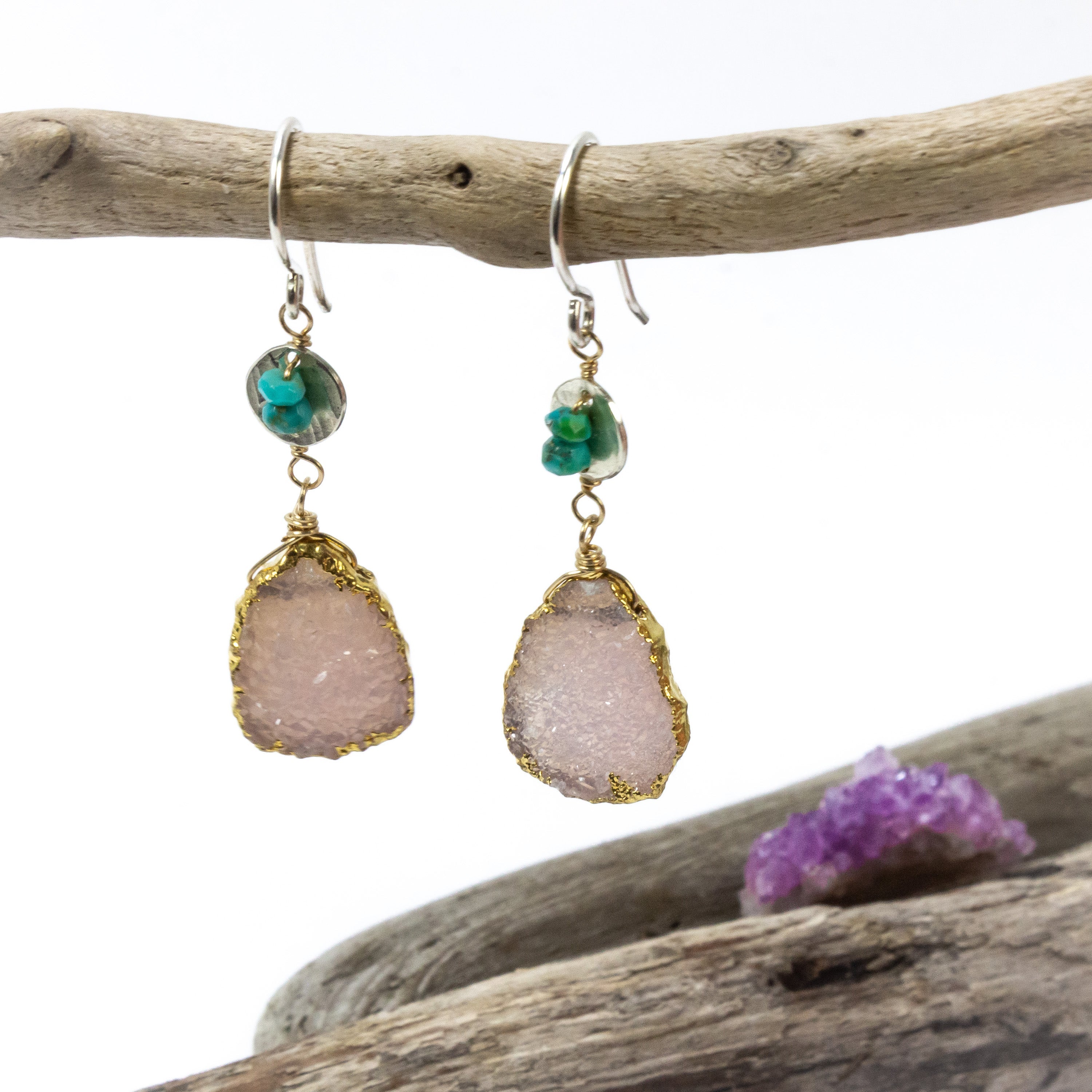 handmade pink druzy turquoise gemstone earrings laura j designs
