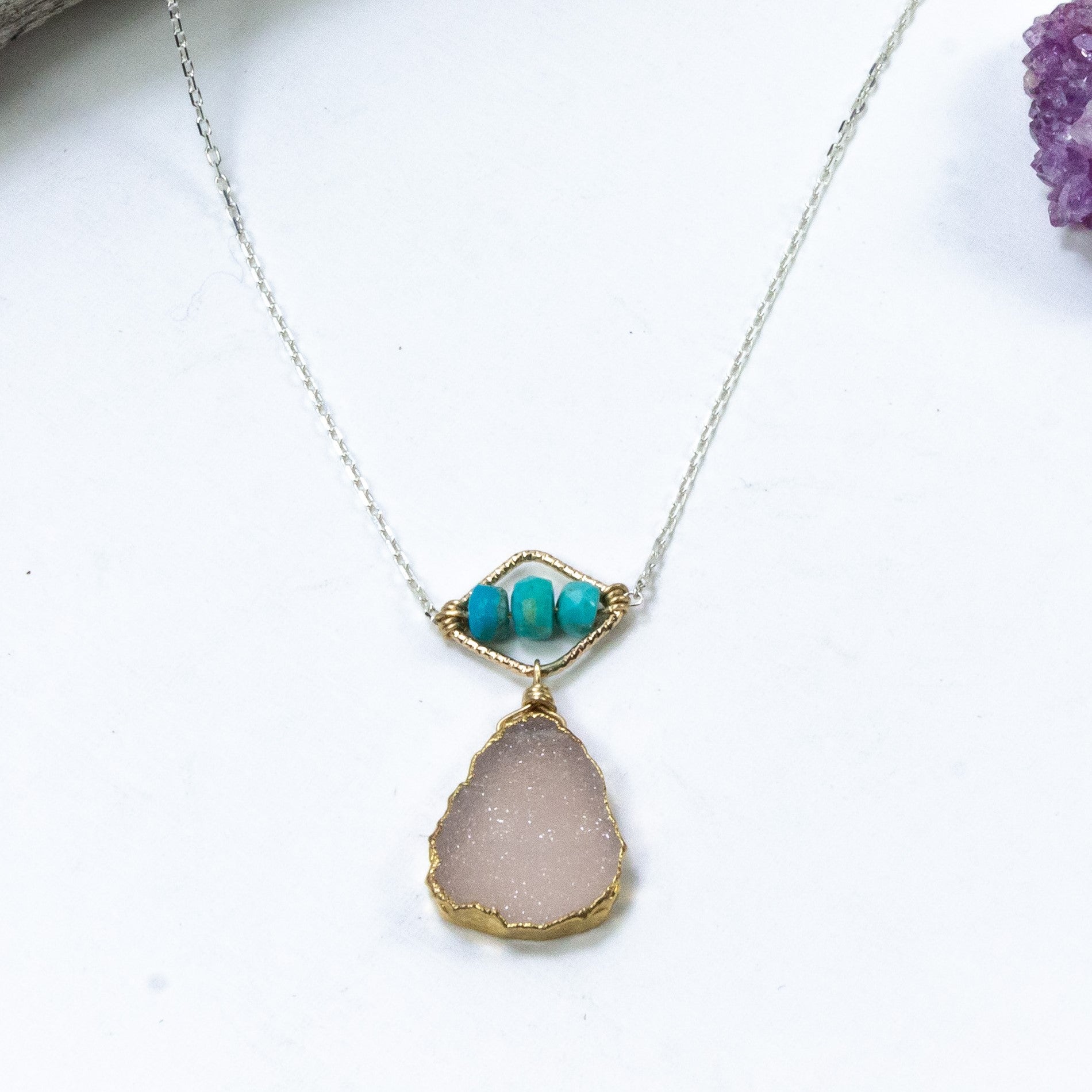 handmade pink druzy turquoise gemstone necklace laura j designs