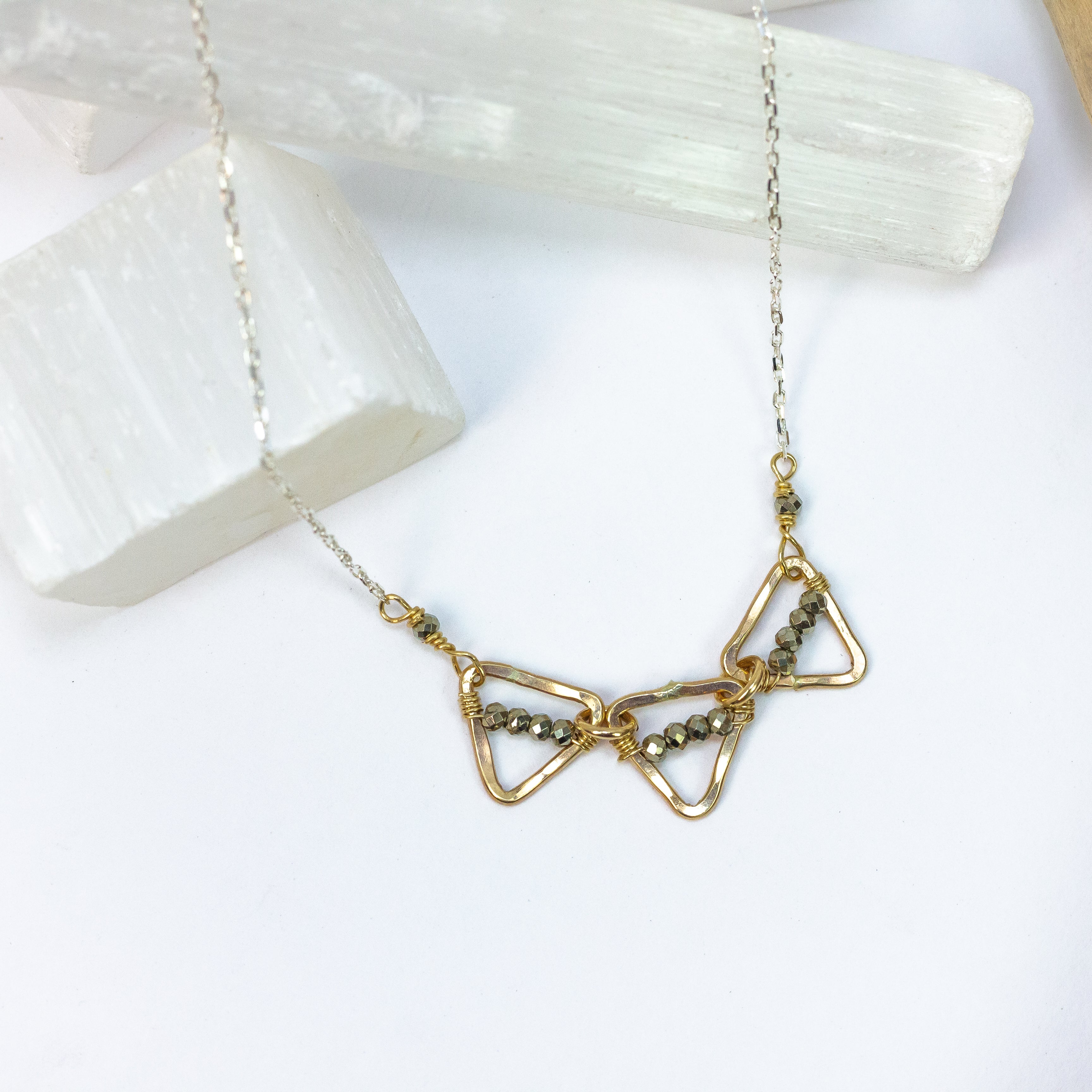 handmade gold filled triangles necklace pyrite gemstone laura j designs