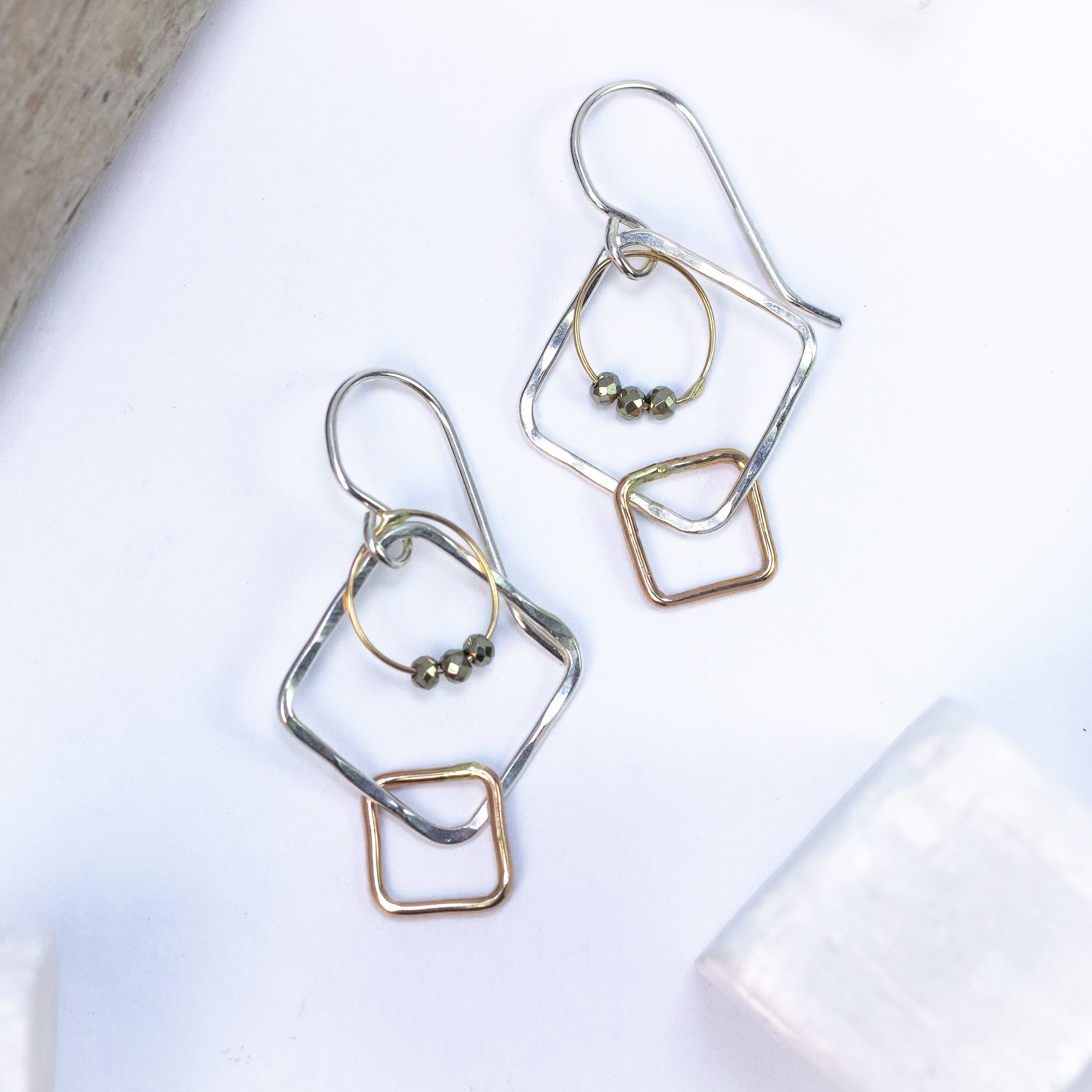 handmade sterling silver gold filled square pyrite gemstone earrings laura j designs
