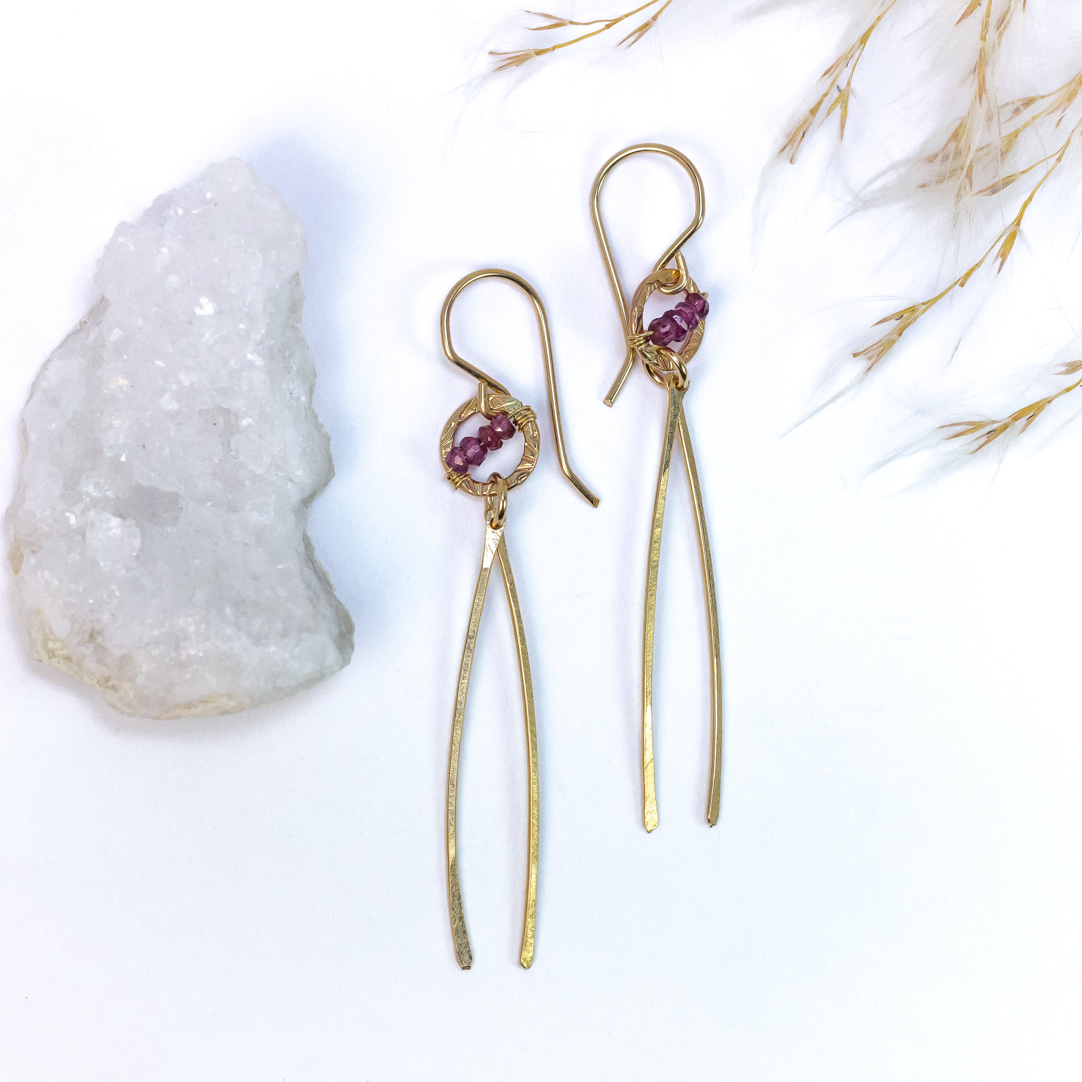 handmade gold filled dangling bars garnet gemstone earrings laura j designs
