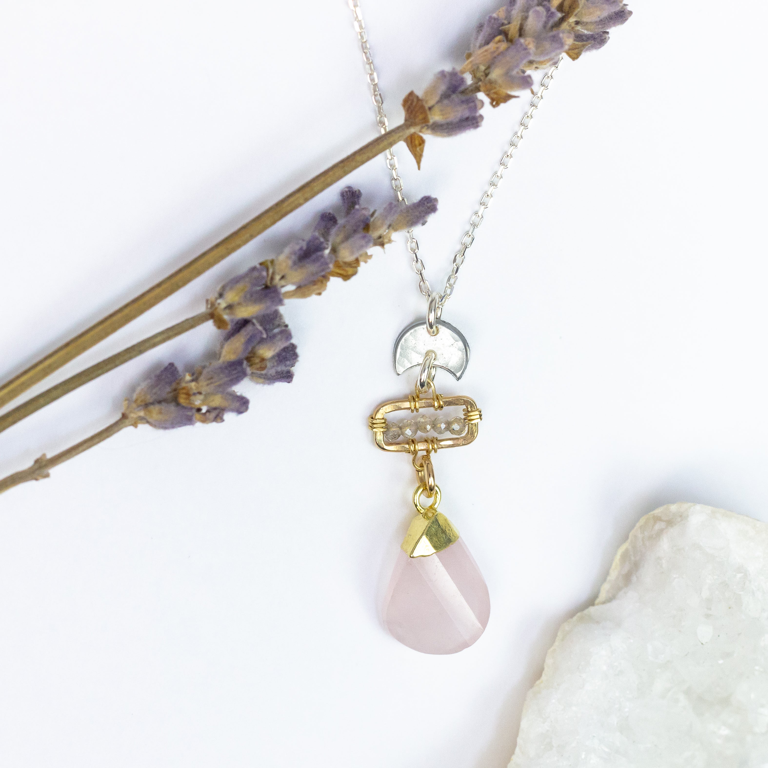 handmade mixed metal rose quartz pendant laura j designs