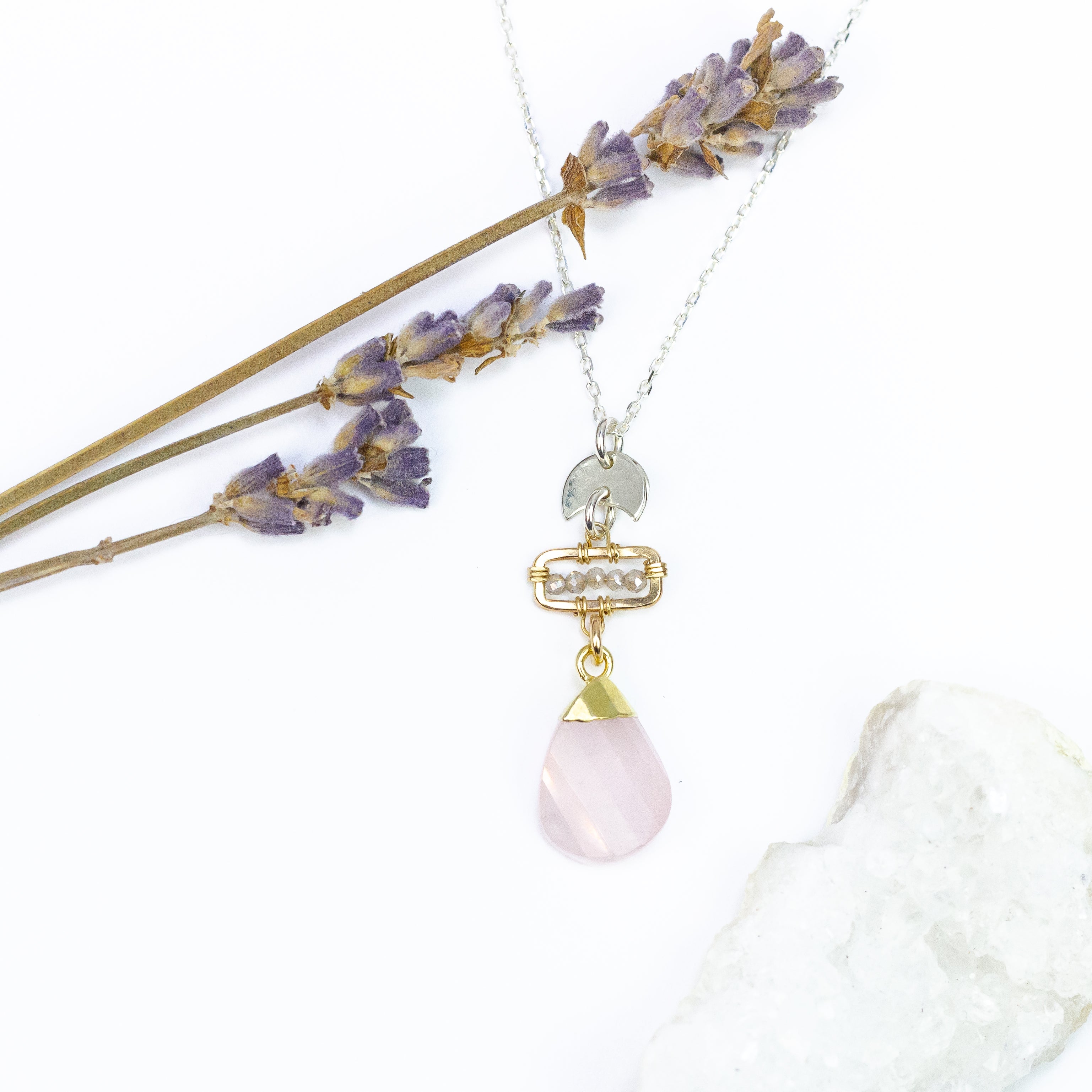 handmade mixed metal rose quartz pendant laura j designs