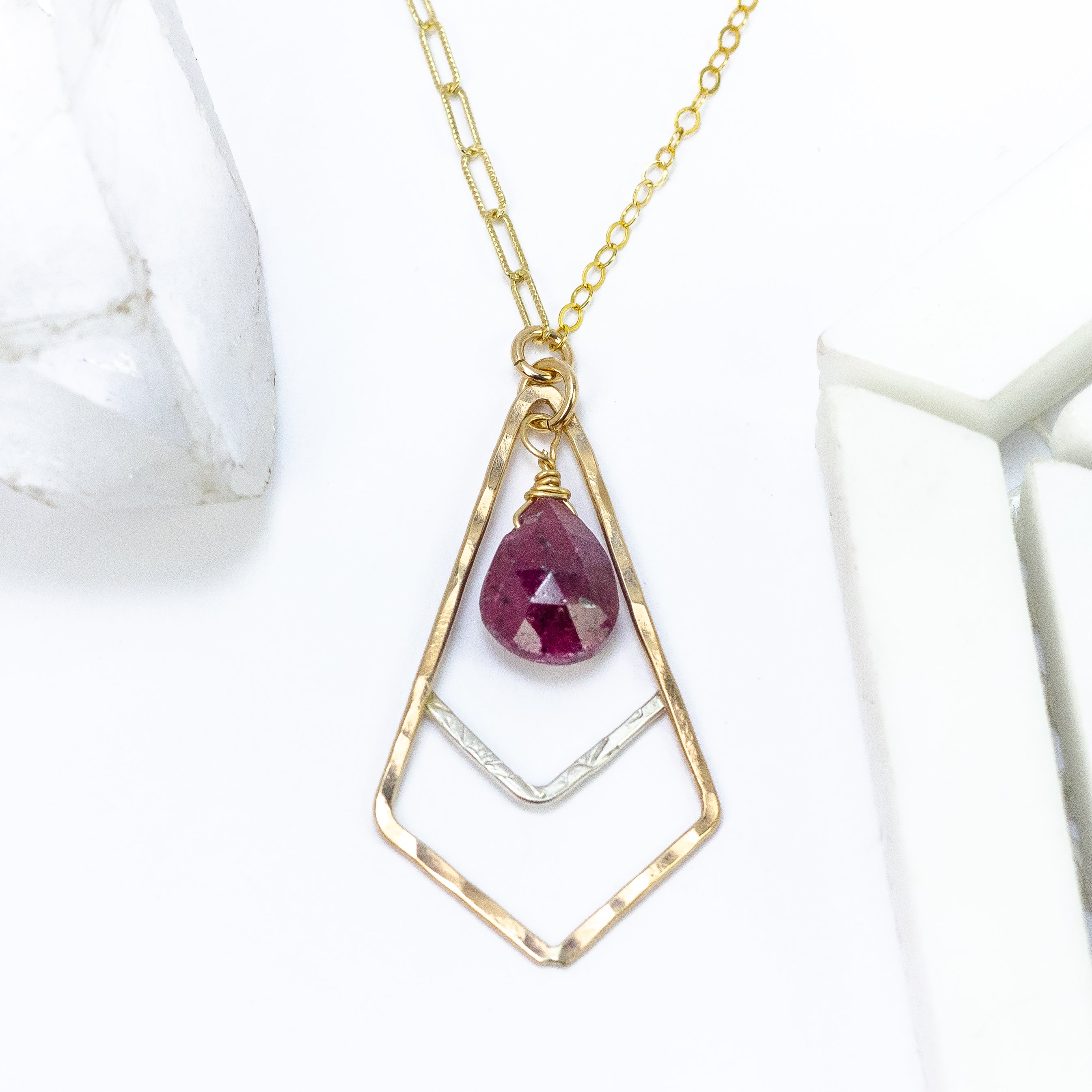 handmade mixed metal asymmetric ruby gemstone necklace laura j designs