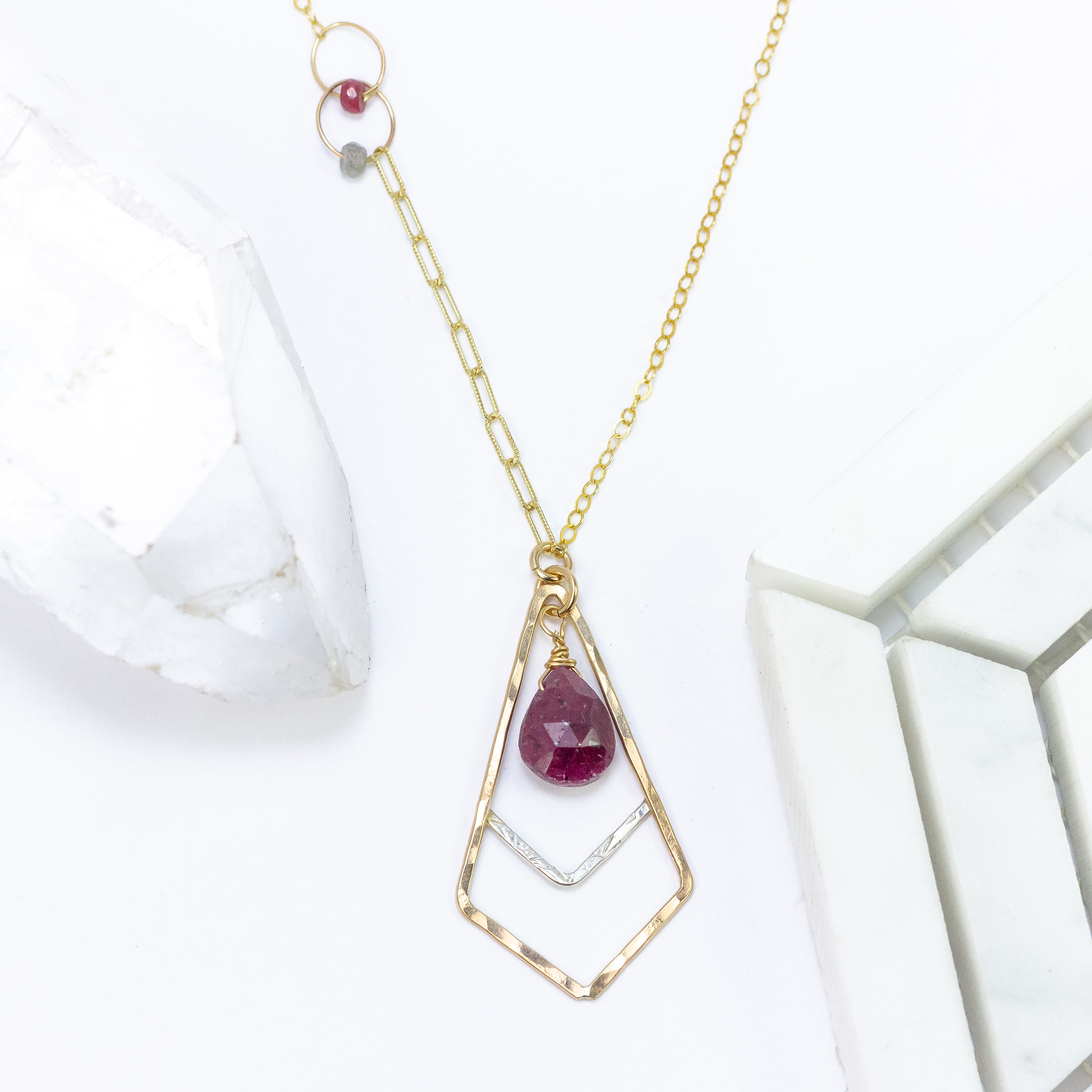 handmade mixed metal asymmetric ruby gemstone necklace laura j designs
