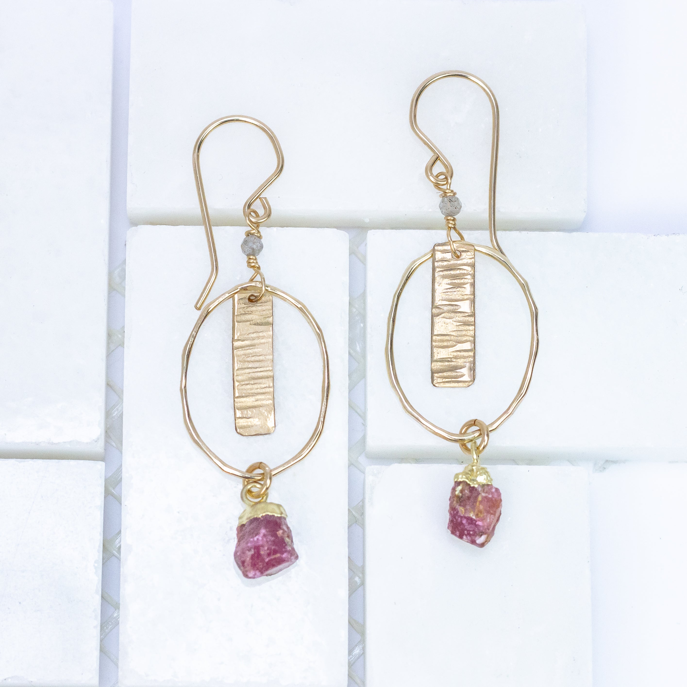 handmade gold filled rough ruby earrings