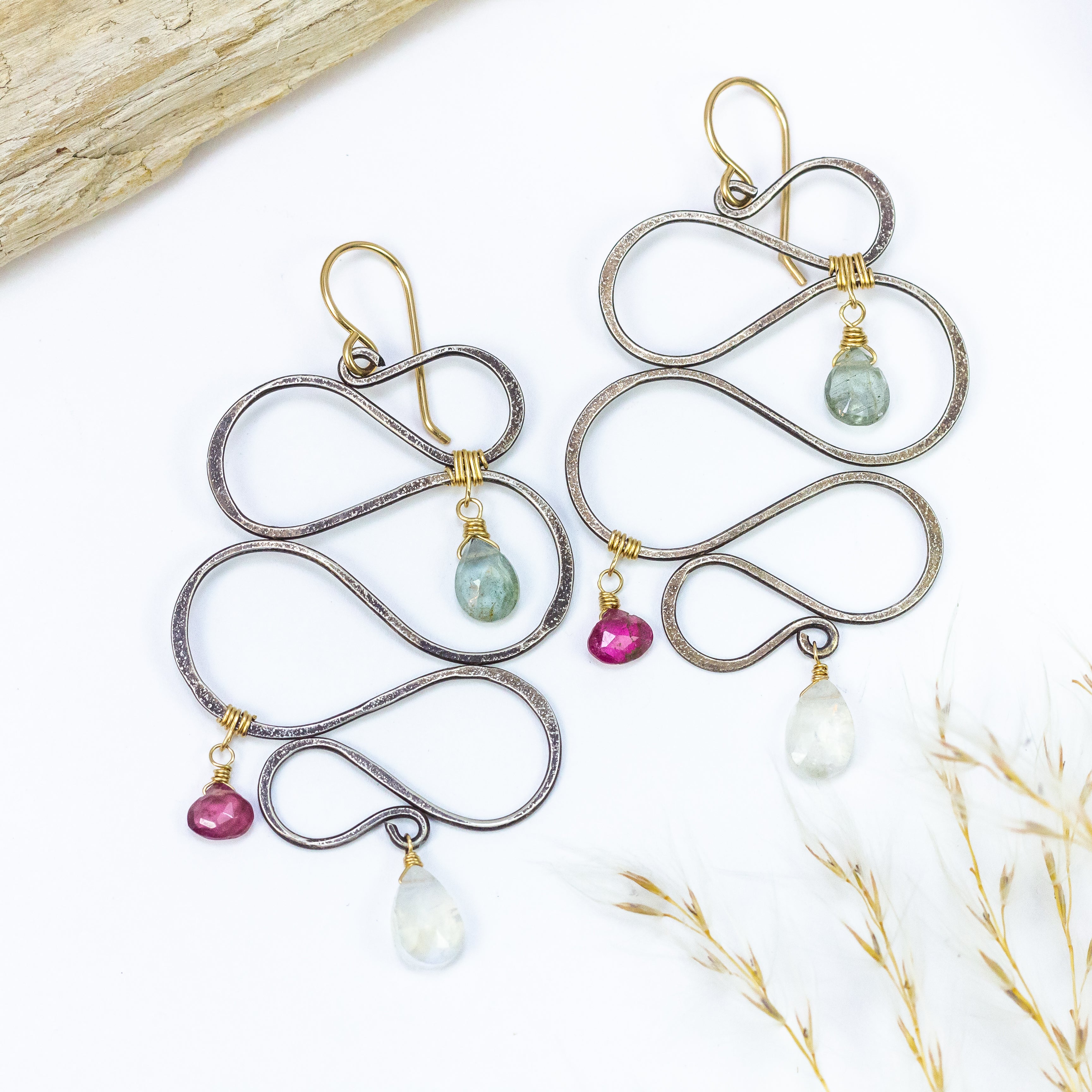 handmade oxidized silver multii gemstone statement earrings laura j designs