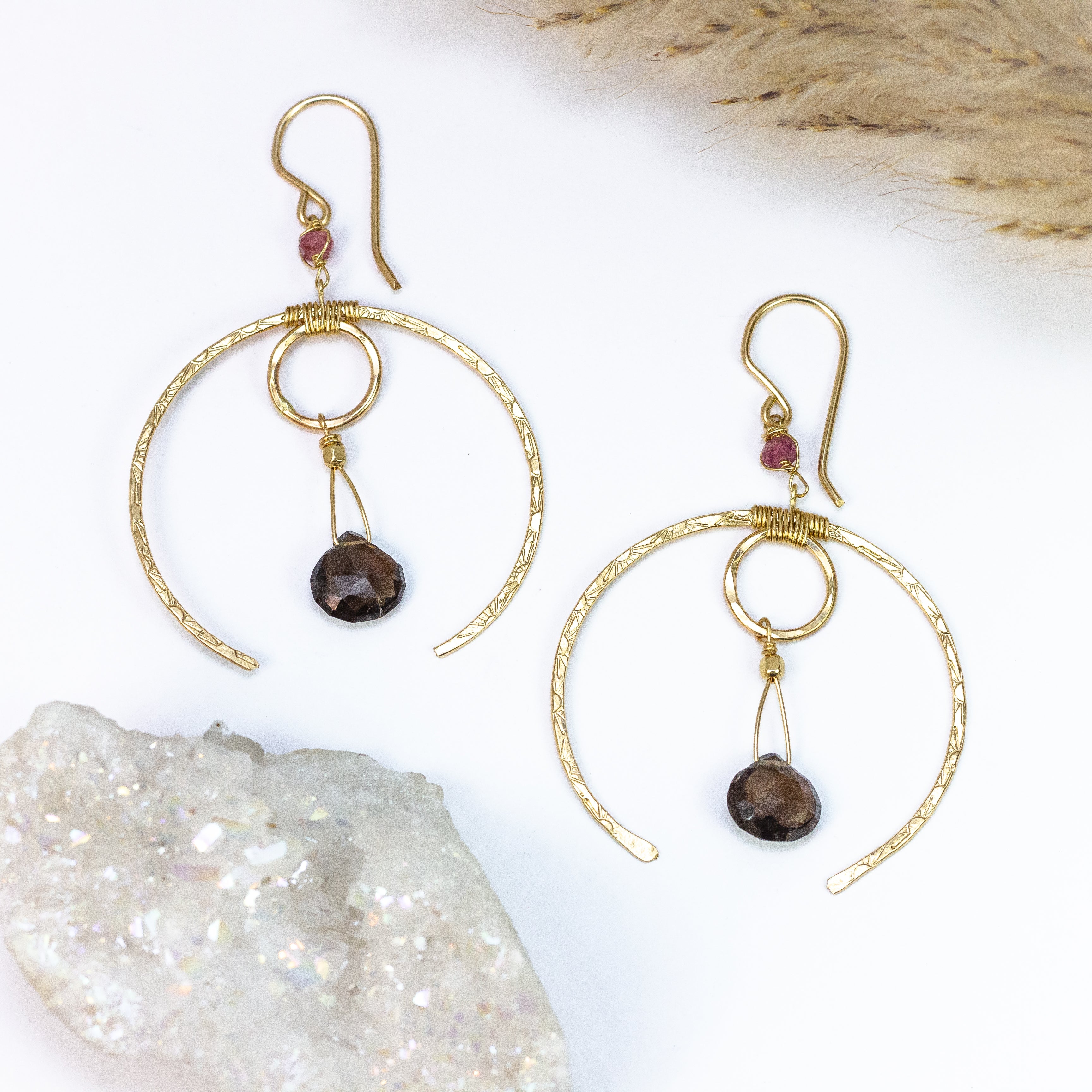 handmade gold filled smoky topaz hoop statement earrings laura j designs