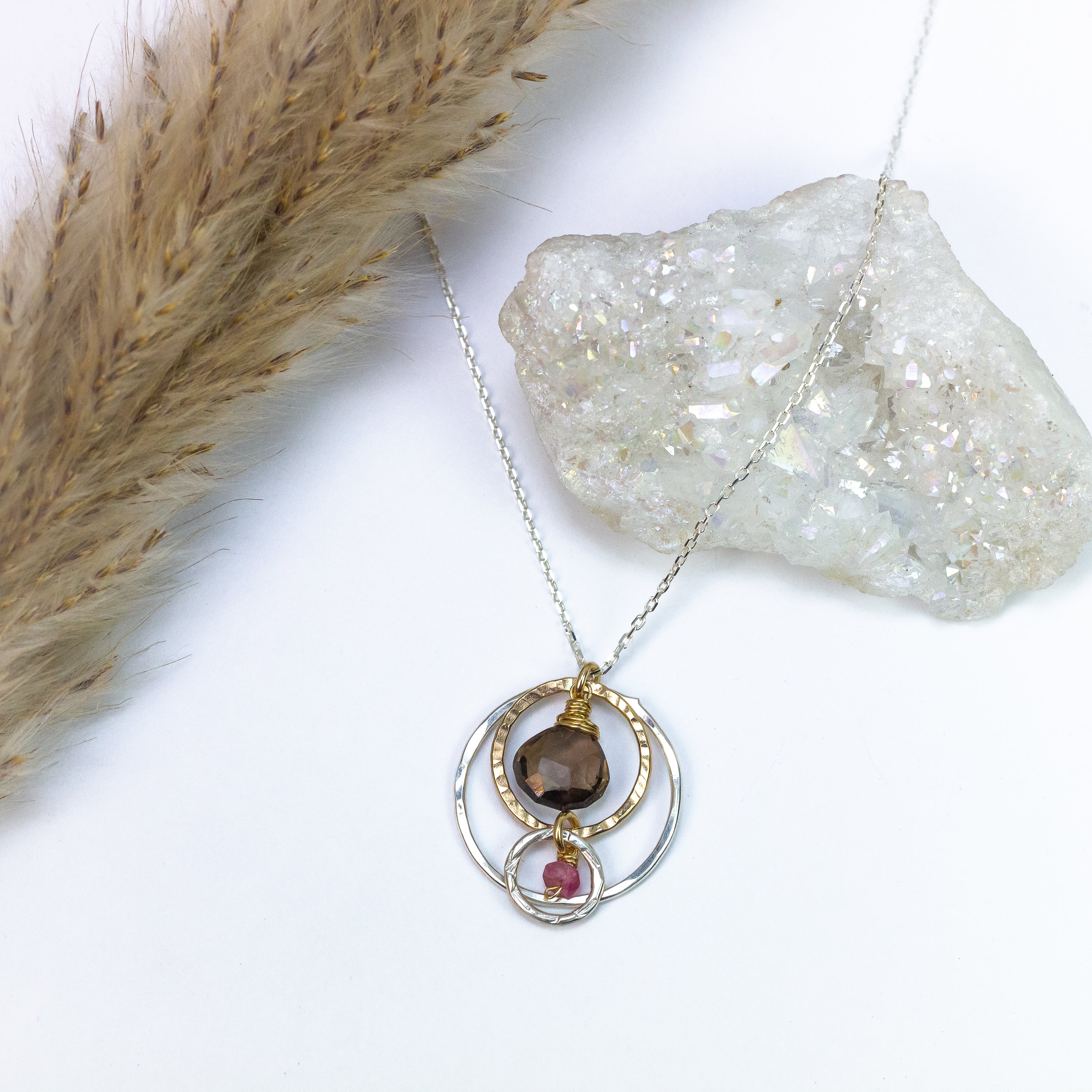 handmade sterling silver gold filled smoky topaz pink tourmaline gemstone necklace laura j designs