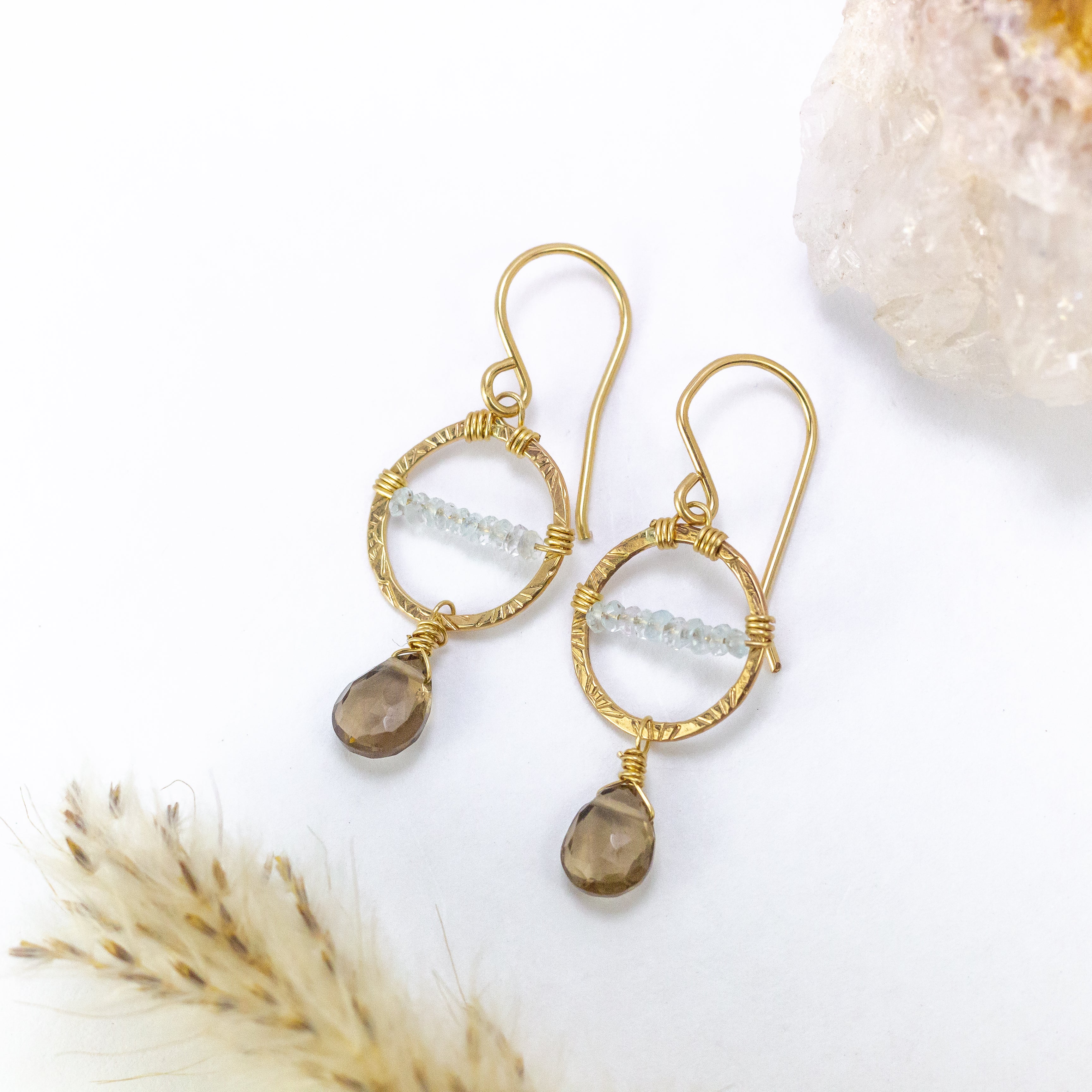 handmade gold filled smoky topaz blue topaz gemstone earrings laura j designs