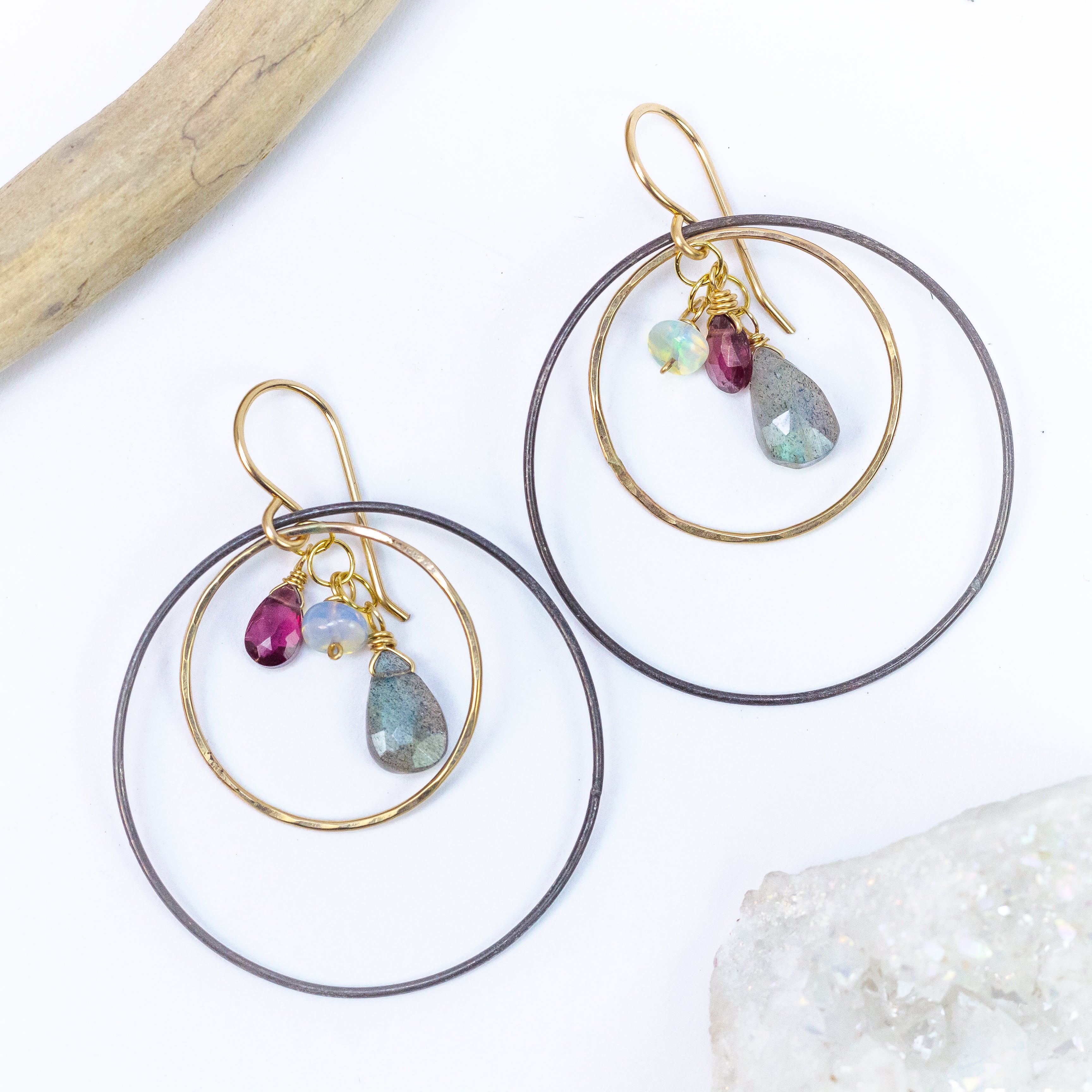 handmade oxidized sterling gold filled mixed metal gemstone hoop earrings laura j designs