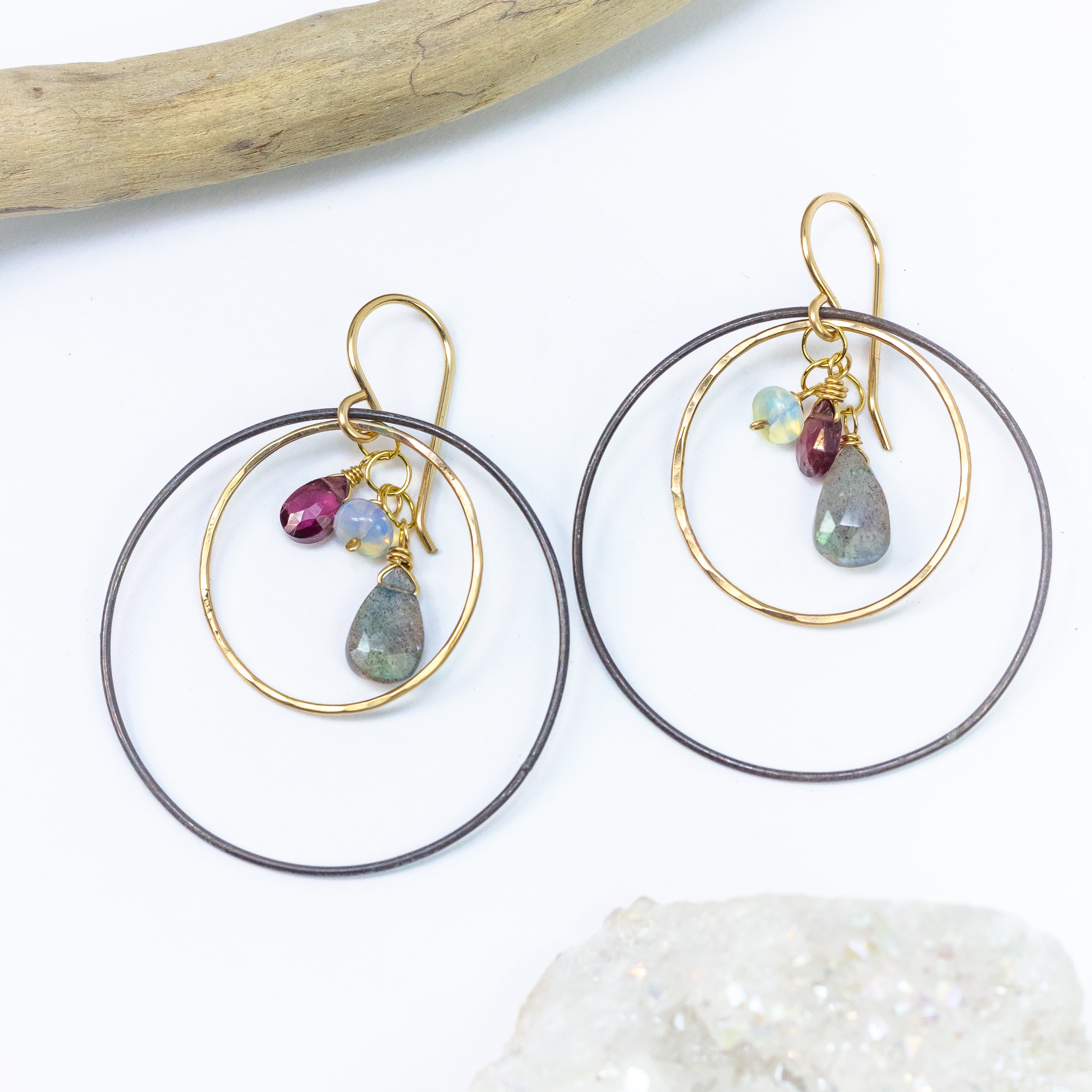 handmade oxidized sterling gold filled mixed metal gemstone hoop earrings laura j designs