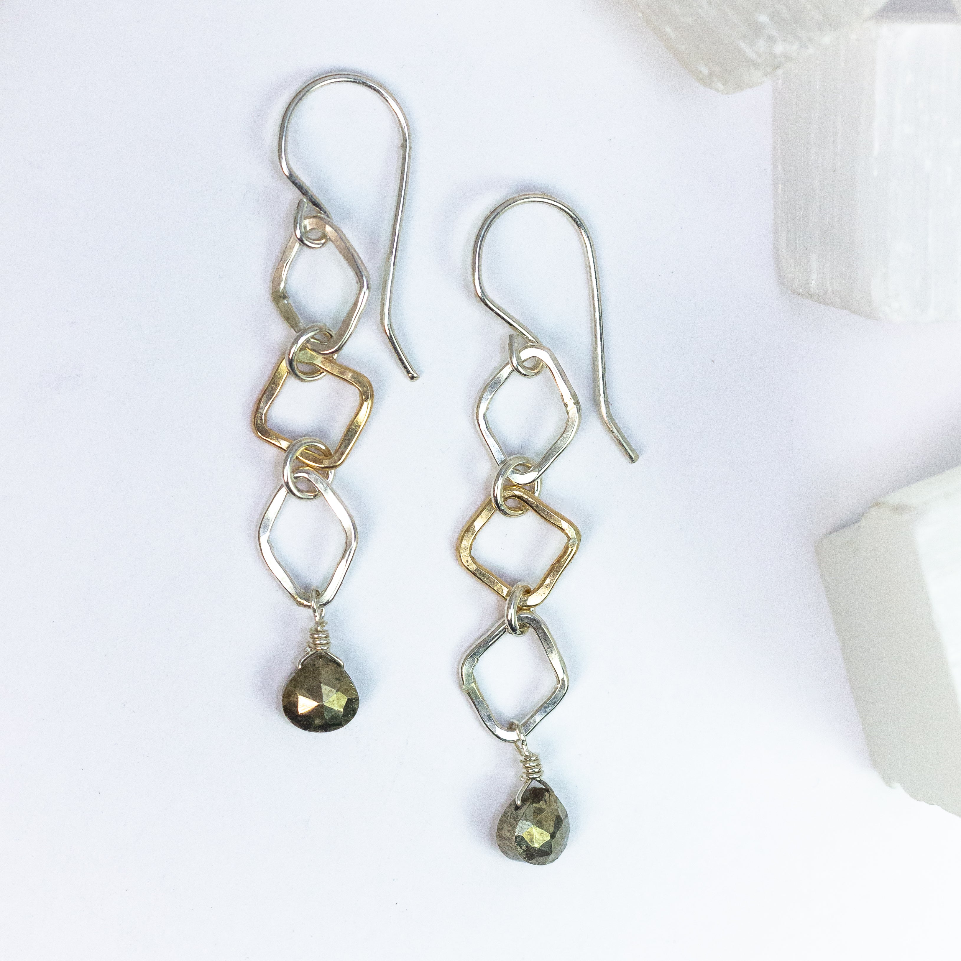 handmade sterling silver gold filled pyrite gemstone dangle earrings laura j designs