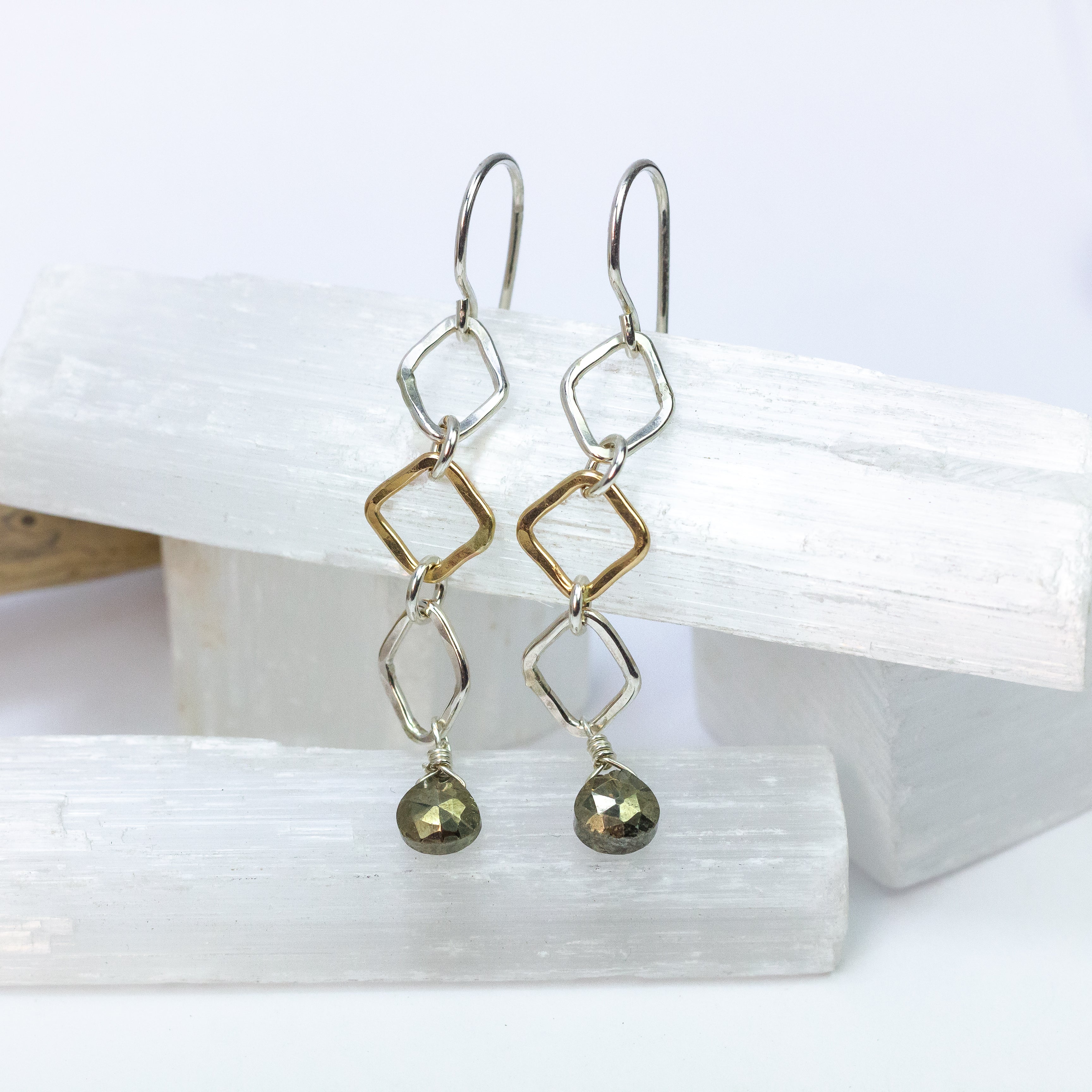 handmade sterling silver gold filled pyrite gemstone dangle earrings laura j designs