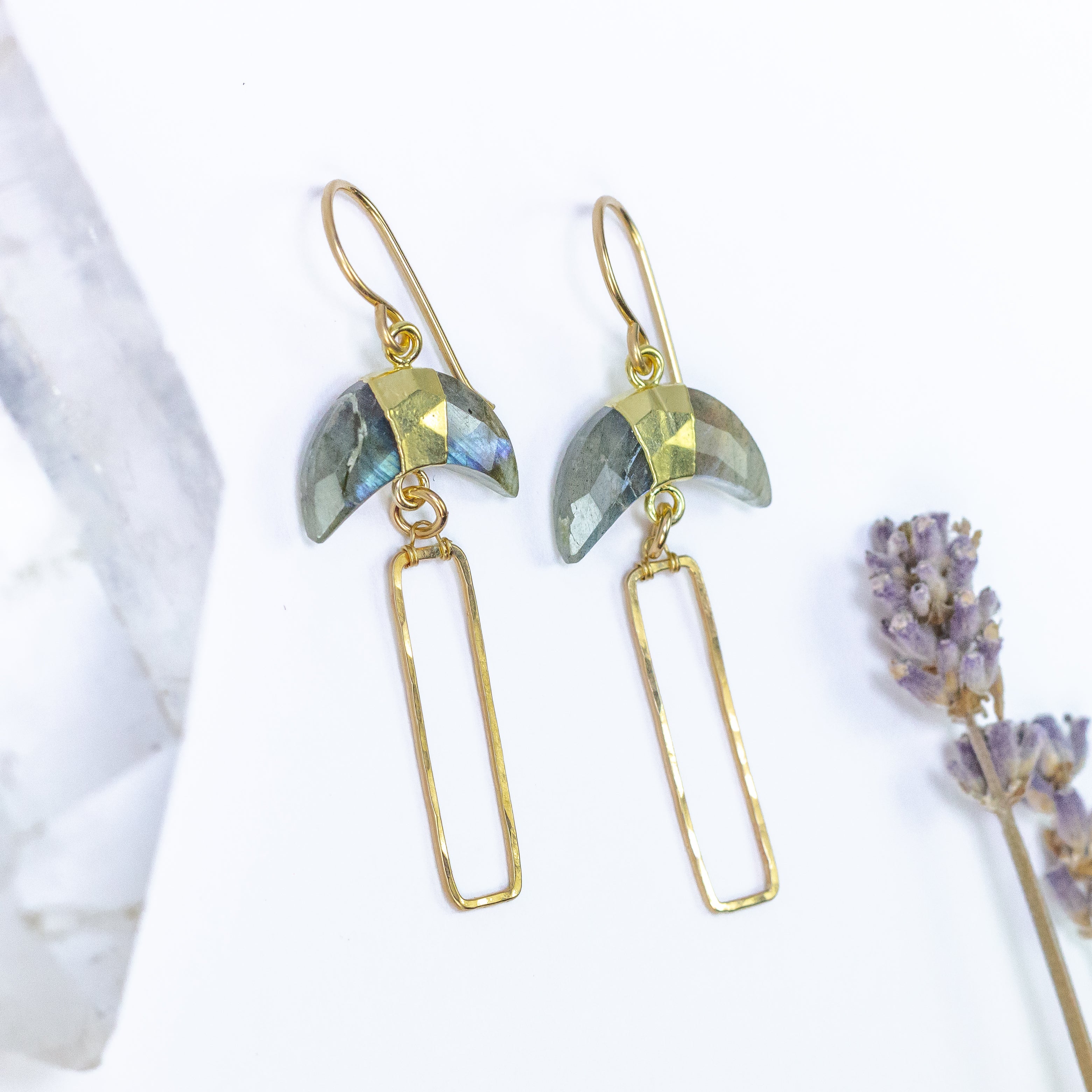 handmade gold labradorite moon rectangle earrings laura j designs