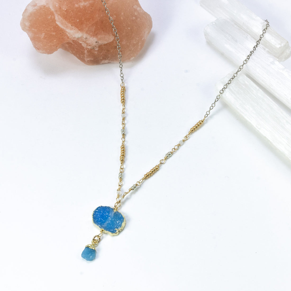 handmade beaded chain blue druzy necklace laura j designs
