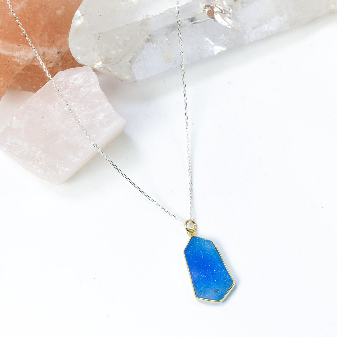 handmade blue druzy silver chain necklace laura j designs