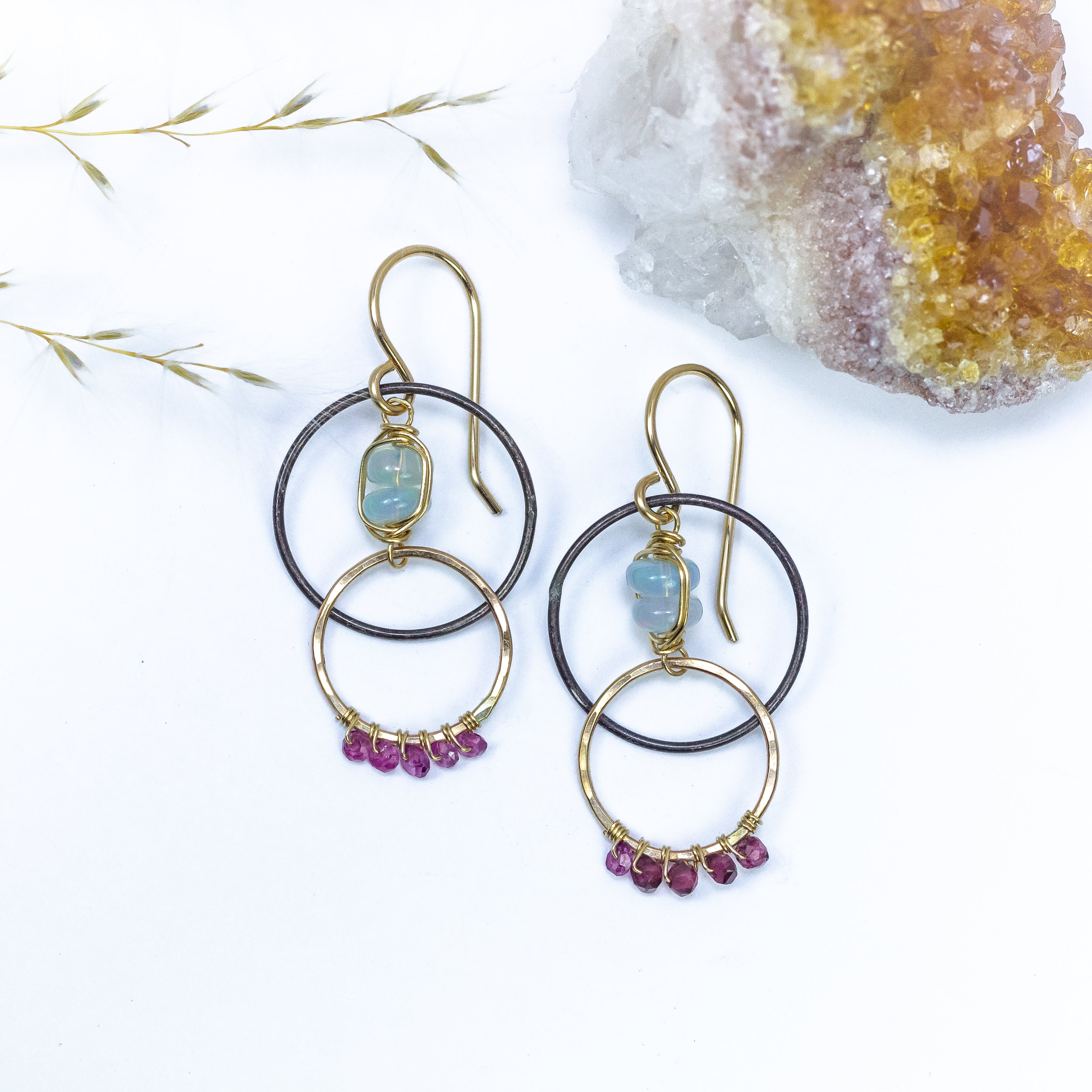 handmade oxidized silver gold filled mixed metal garnet opal gemstone earrings laura j designs