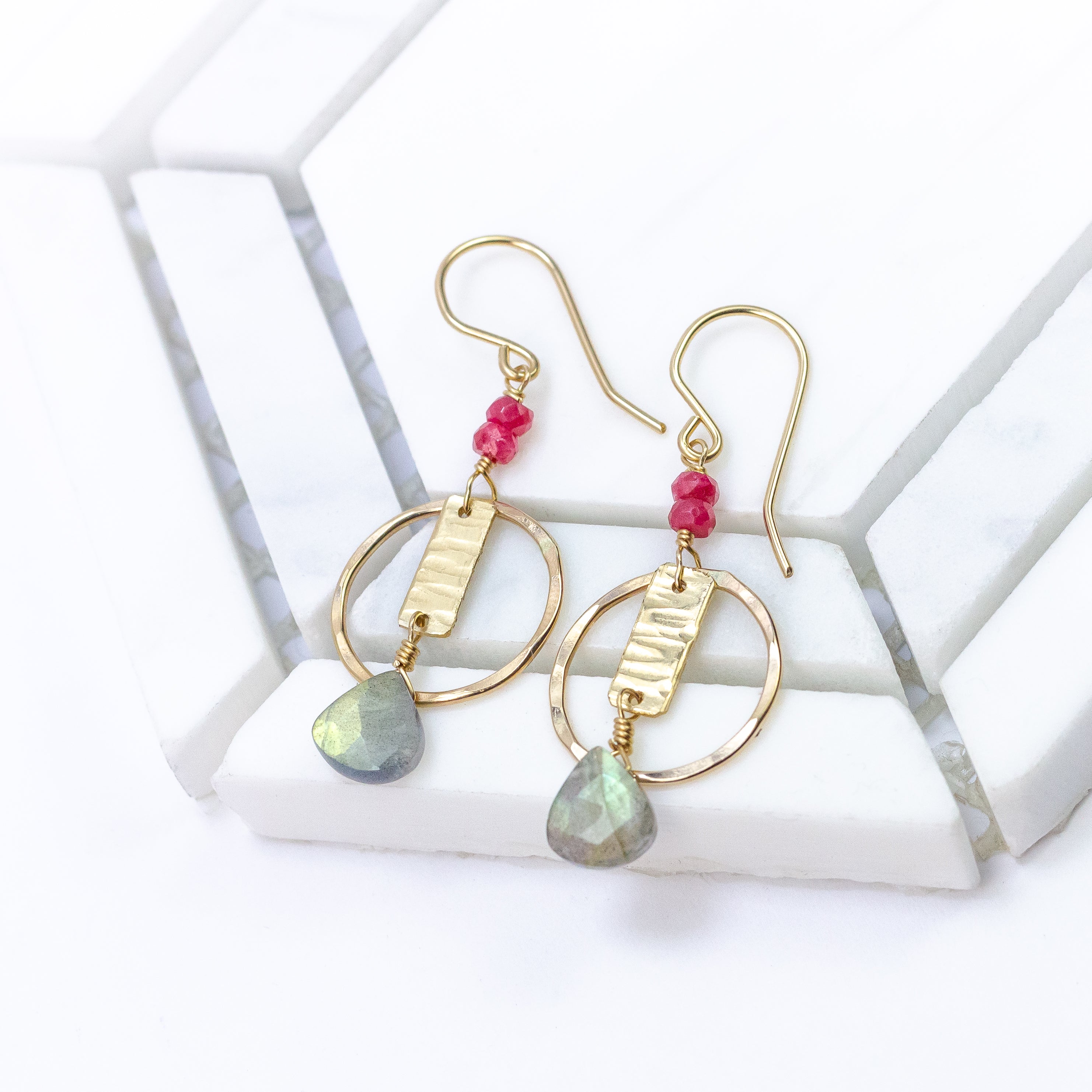 handmade gold filled labradorite ruby gemstone earrings laura j designs