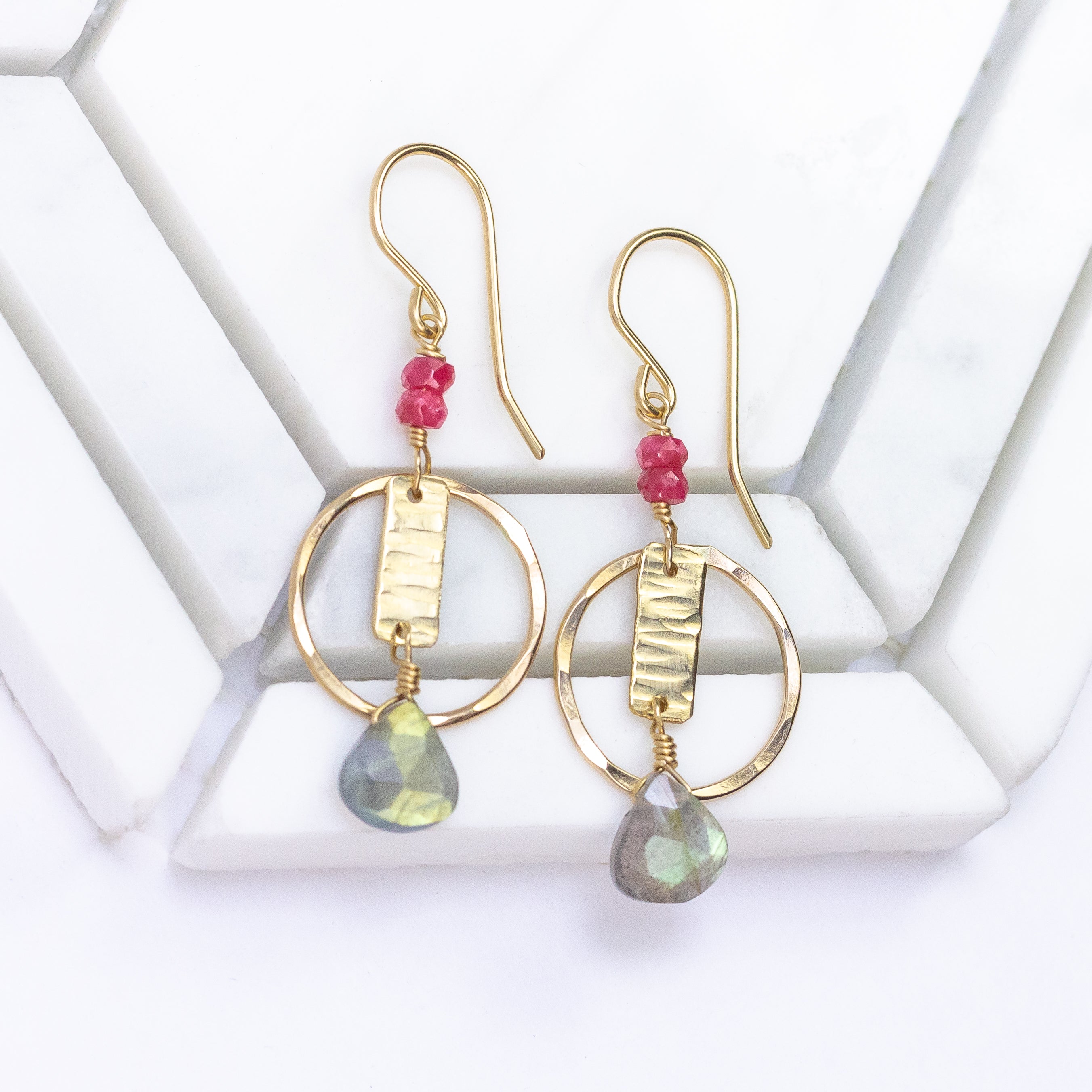 handmade gold filled labradorite ruby gemstone earrings laura j designs