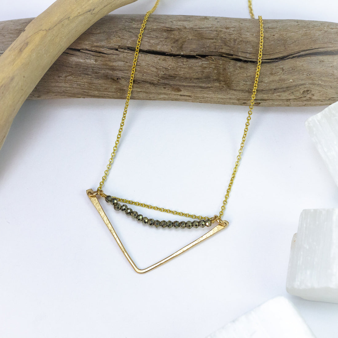 handmade gold filled pyrite gemstone triangle pendant laura j designs