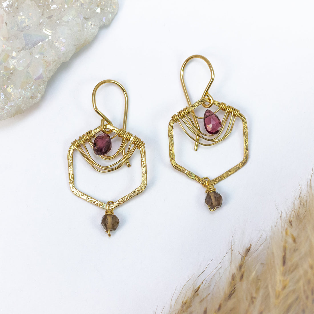 handmade gold filled hexagon rhodolite garnet earrings laura j designs